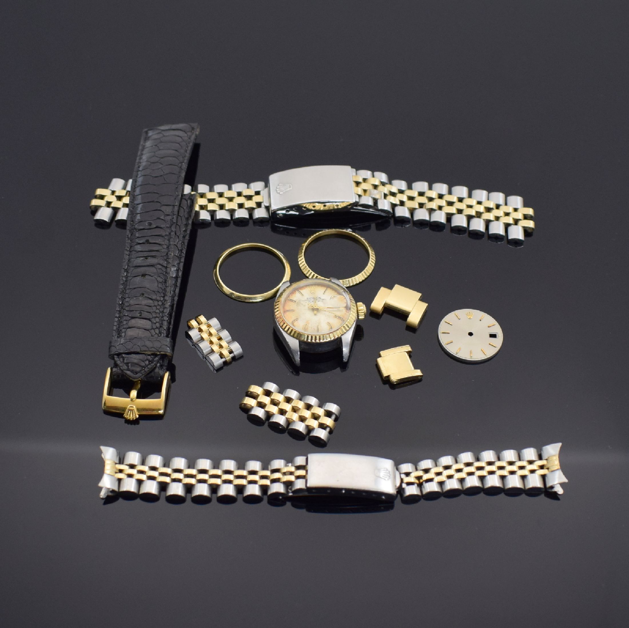 ROLEX großes Konvolut, Schweiz aus verschiedenen Zeiten, 1) 2 Bandelemente in GG 750/000 (1x Ohne Stift, 1x Ohne Schraube), B. ca. 12 & 16 mm, 3 ...
