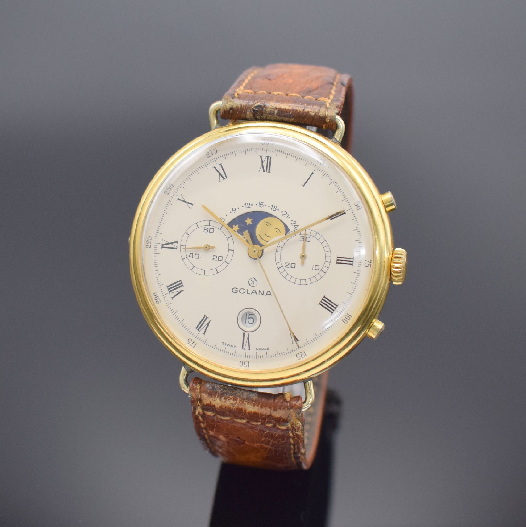 GOLANA große Herrenarmbanduhr mit Chronograph & Mondphase, Schweiz um 1980, Handaufzug, verg. Geh. & gedr. Boden besch., Korrekturdr. f. Mondphase ...
