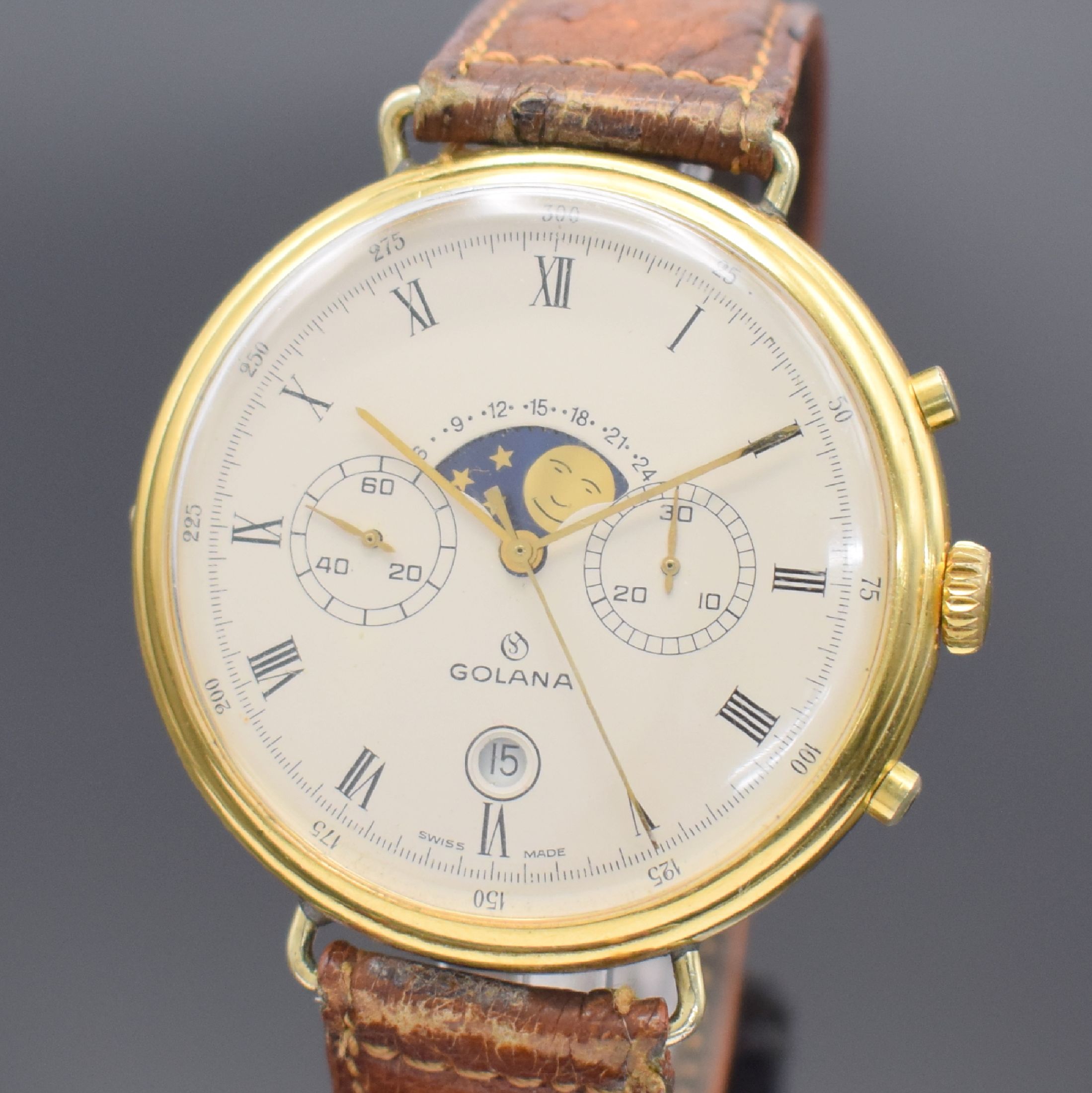 Detail a: GOLANA große Herrenarmbanduhr mit Chronograph & Mondphase, Schweiz um 1980, Handaufzug, verg. Geh. & gedr. Boden besch., Korrekturdr. f. Mondphase ...