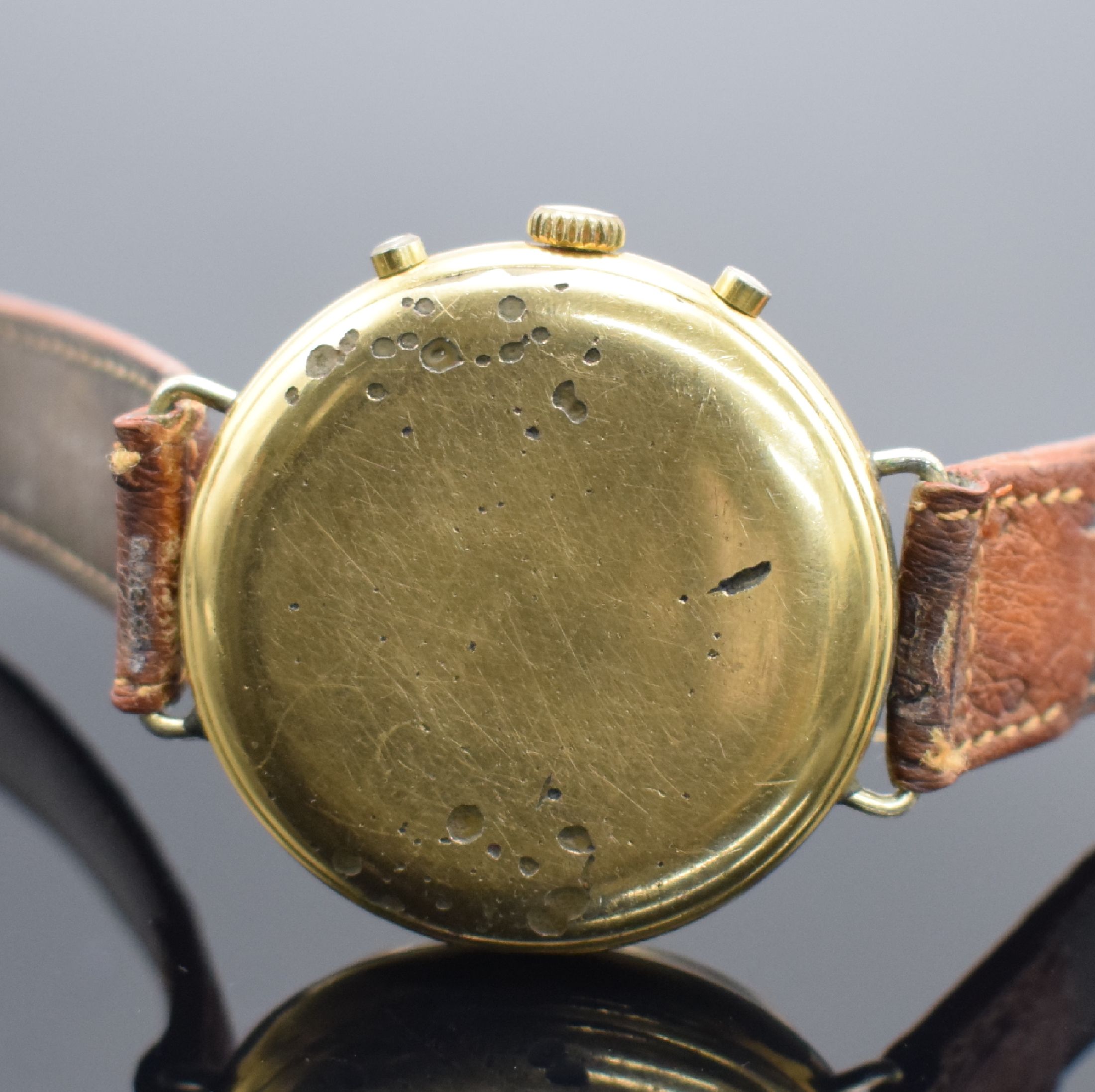 Detail c: GOLANA große Herrenarmbanduhr mit Chronograph & Mondphase, Schweiz um 1980, Handaufzug, verg. Geh. & gedr. Boden besch., Korrekturdr. f. Mondphase ...