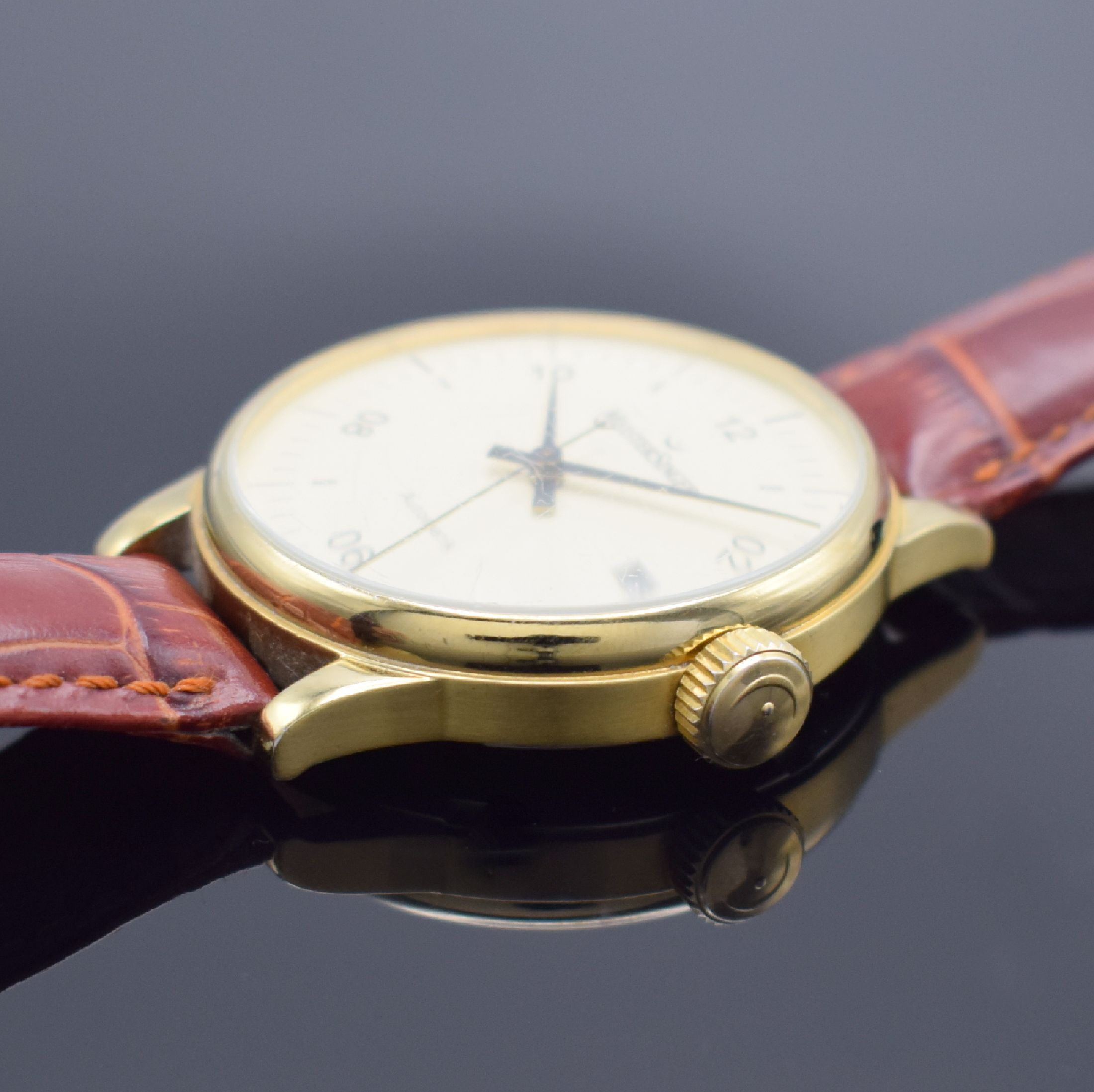 Detail b: MEISTERSINGER Scripto vergoldete Herrenarmbanduhr, Deutschland um 2001, Automatik, beids. vergl. Geh., Boden verschr., elfenbeinfarb. Zifferbl. m. ...