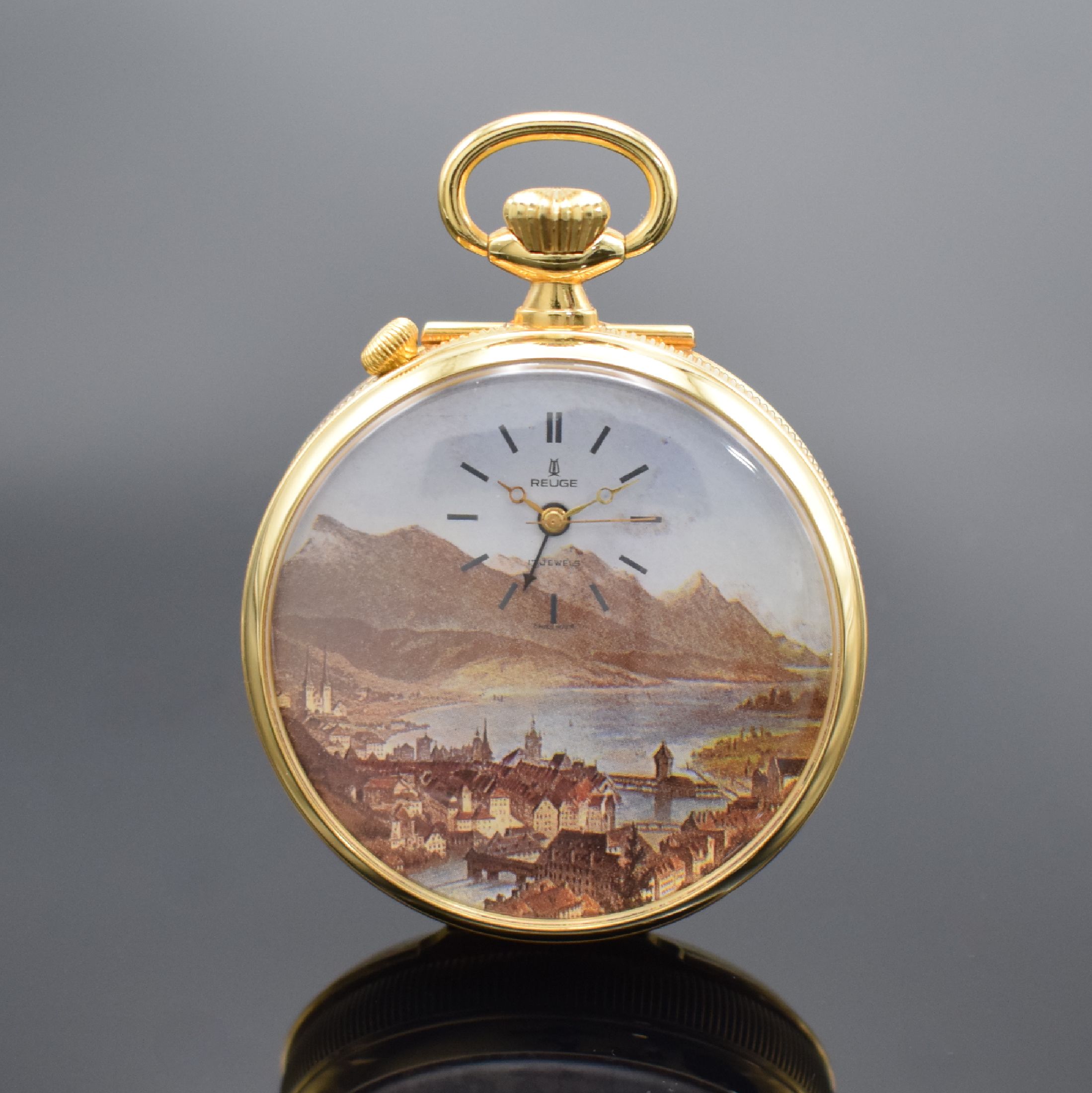 REUGE vergoldete Taschenuhr mit Wecker- Spieluhr, Schweiz um 1985, aufstellbarer Rückdeckel m. Musikinstrumenten grav., Rand geriffelt, Zifferbl. m. ...
