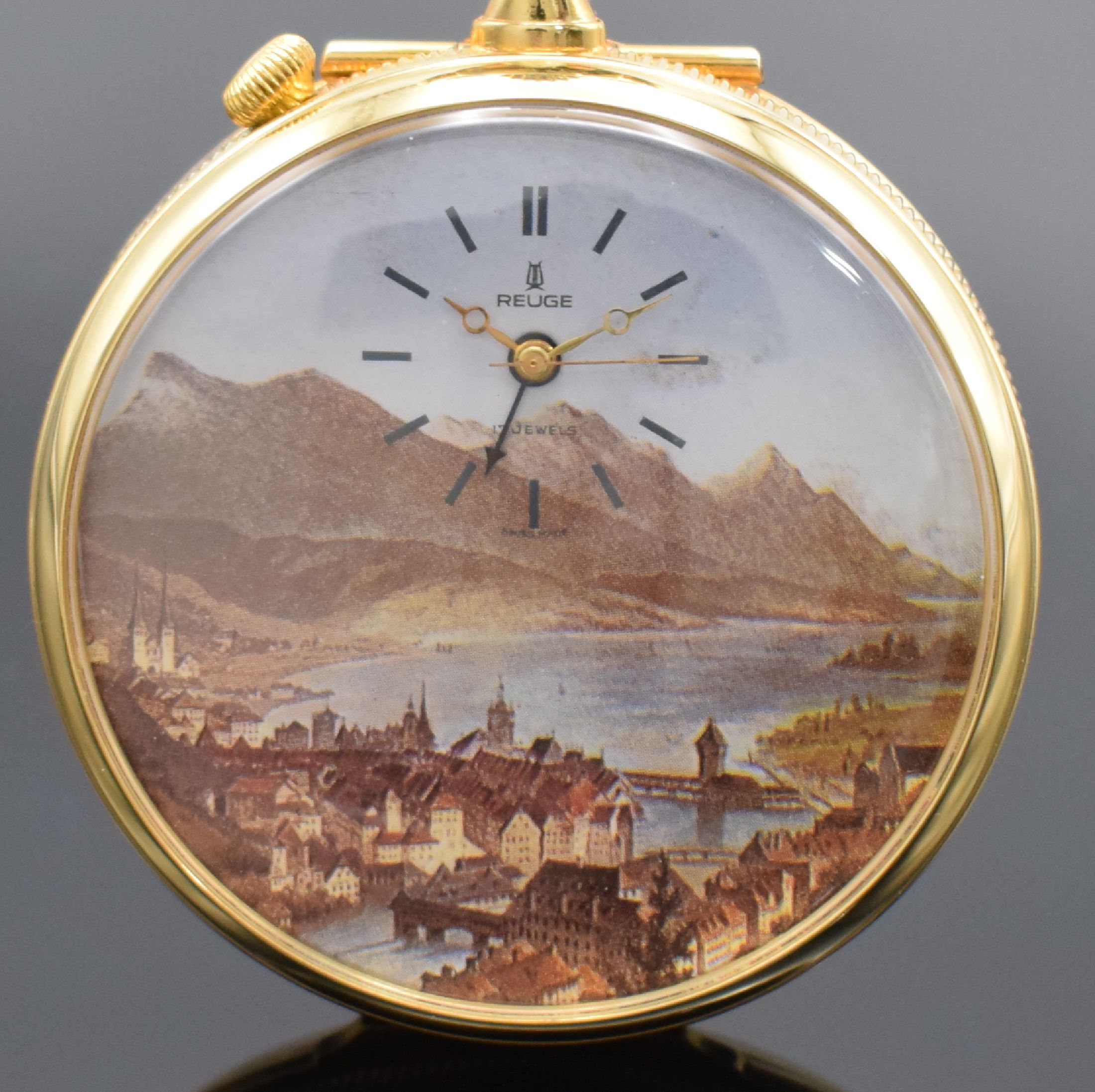 Detail a: REUGE vergoldete Taschenuhr mit Wecker- Spieluhr, Schweiz um 1985, aufstellbarer Rückdeckel m. Musikinstrumenten grav., Rand geriffelt, Zifferbl. m. ...