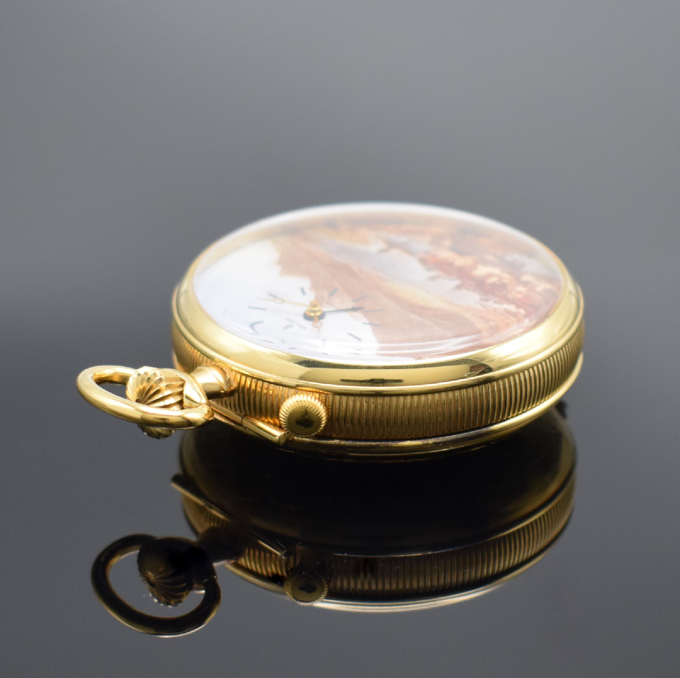 Detail e: REUGE vergoldete Taschenuhr mit Wecker- Spieluhr, Schweiz um 1985, aufstellbarer Rückdeckel m. Musikinstrumenten grav., Rand geriffelt, Zifferbl. m. ...
