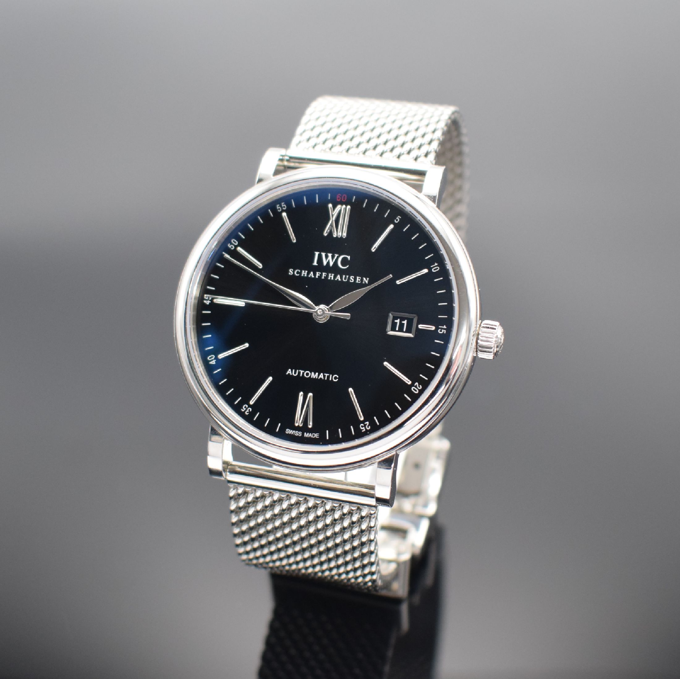 IWC Herrenarmbanduhr Portofino Referenz 3565, Automatik, Schweiz um 2020, Edelstahlgeh. inkl. orig. Mesh-Band m. Faltschl., Boden 6-fach verschr., ...