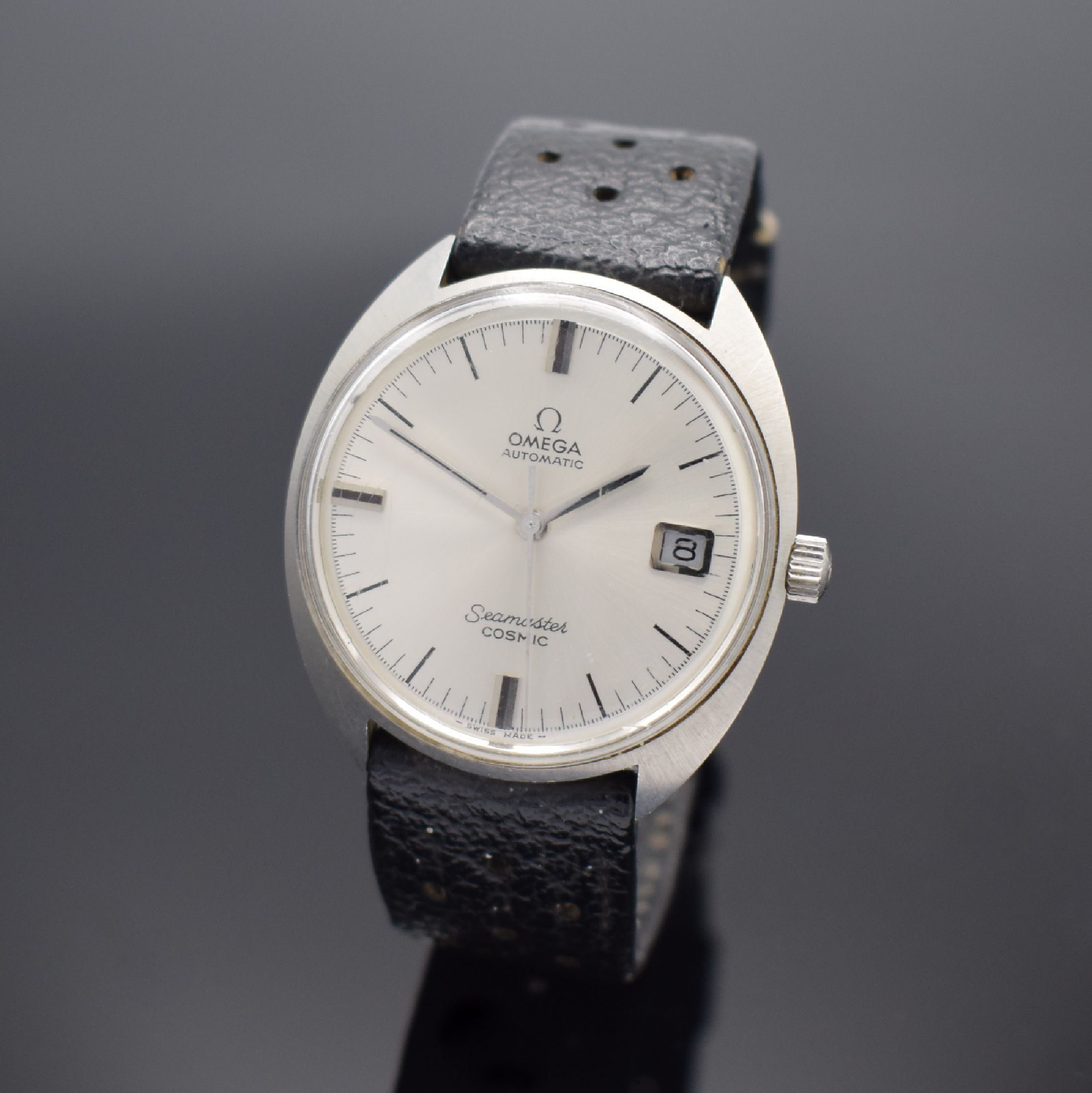 OMEGA Seamaster Cosmic Herrenarmbanduhr Referenz 166026, Schweiz um 1969, Automatik, Monocoque-Geh. in Edelstahl, Lederband m. orig. Dornschl., get. ...