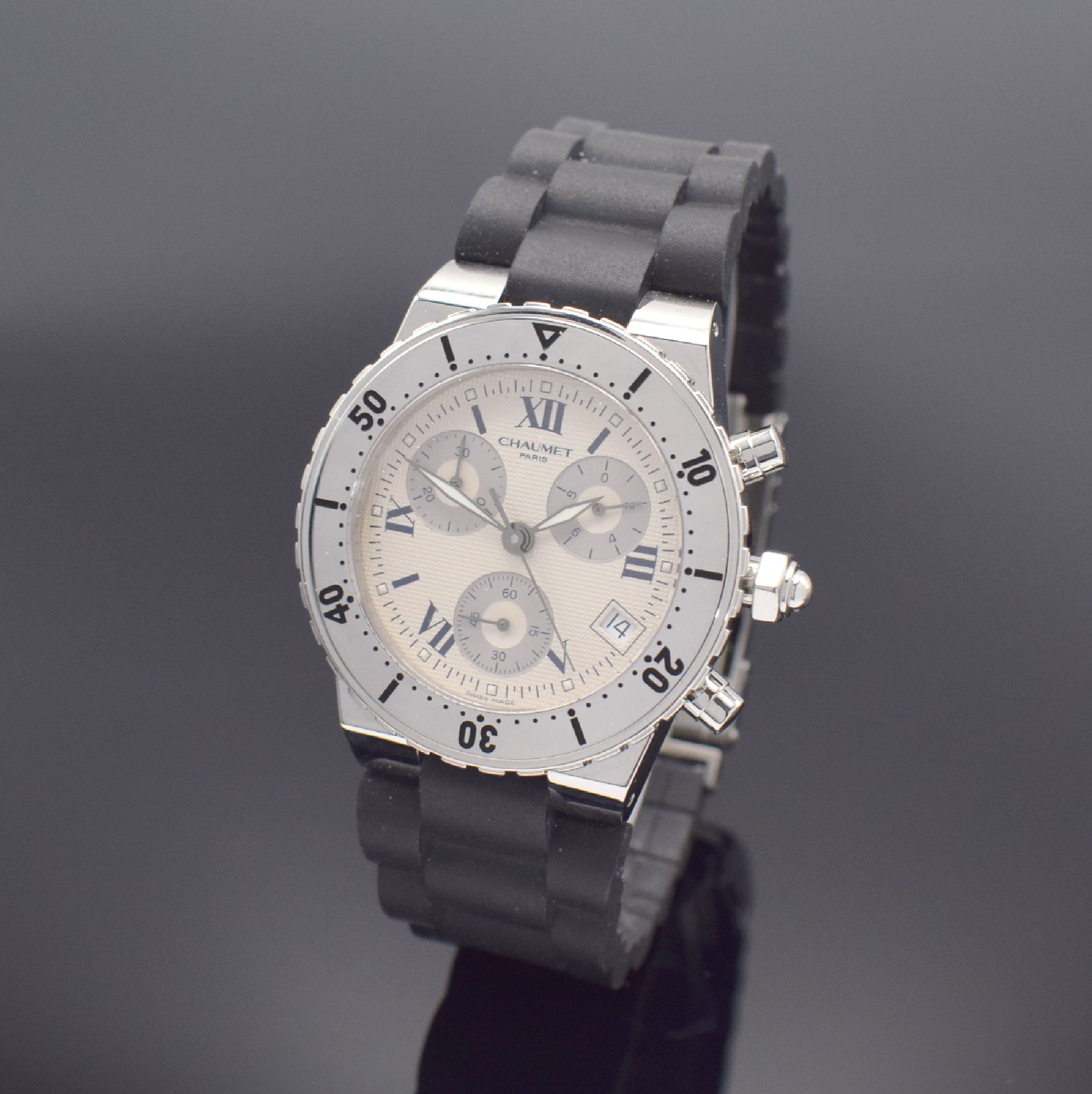CHAUMET Armbandchronograph Referenz 625, quarz, Schweiz/Frankreich um 2010, Edelstahlgeh. inkl. orig. Kautschukband m. orig. Faltschl., Boden 8-fach ...