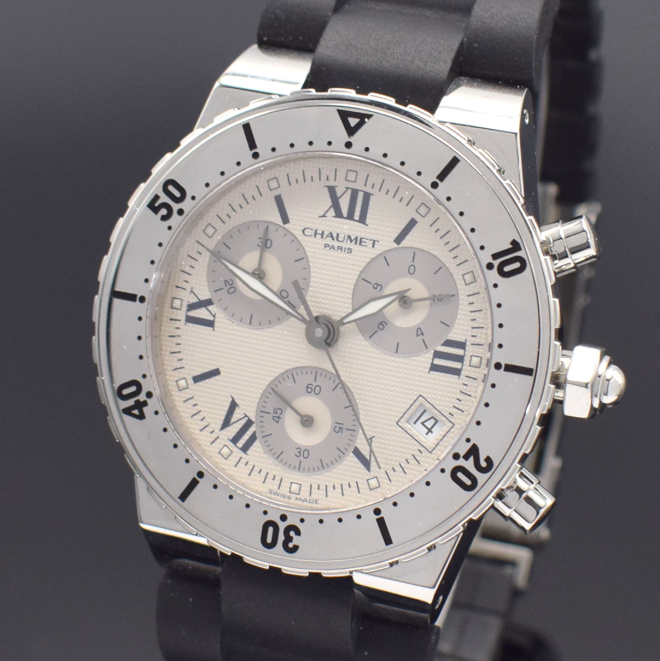 Detail a: CHAUMET Armbandchronograph Referenz 625, quarz, Schweiz/Frankreich um 2010, Edelstahlgeh. inkl. orig. Kautschukband m. orig. Faltschl., Boden 8-fach ...