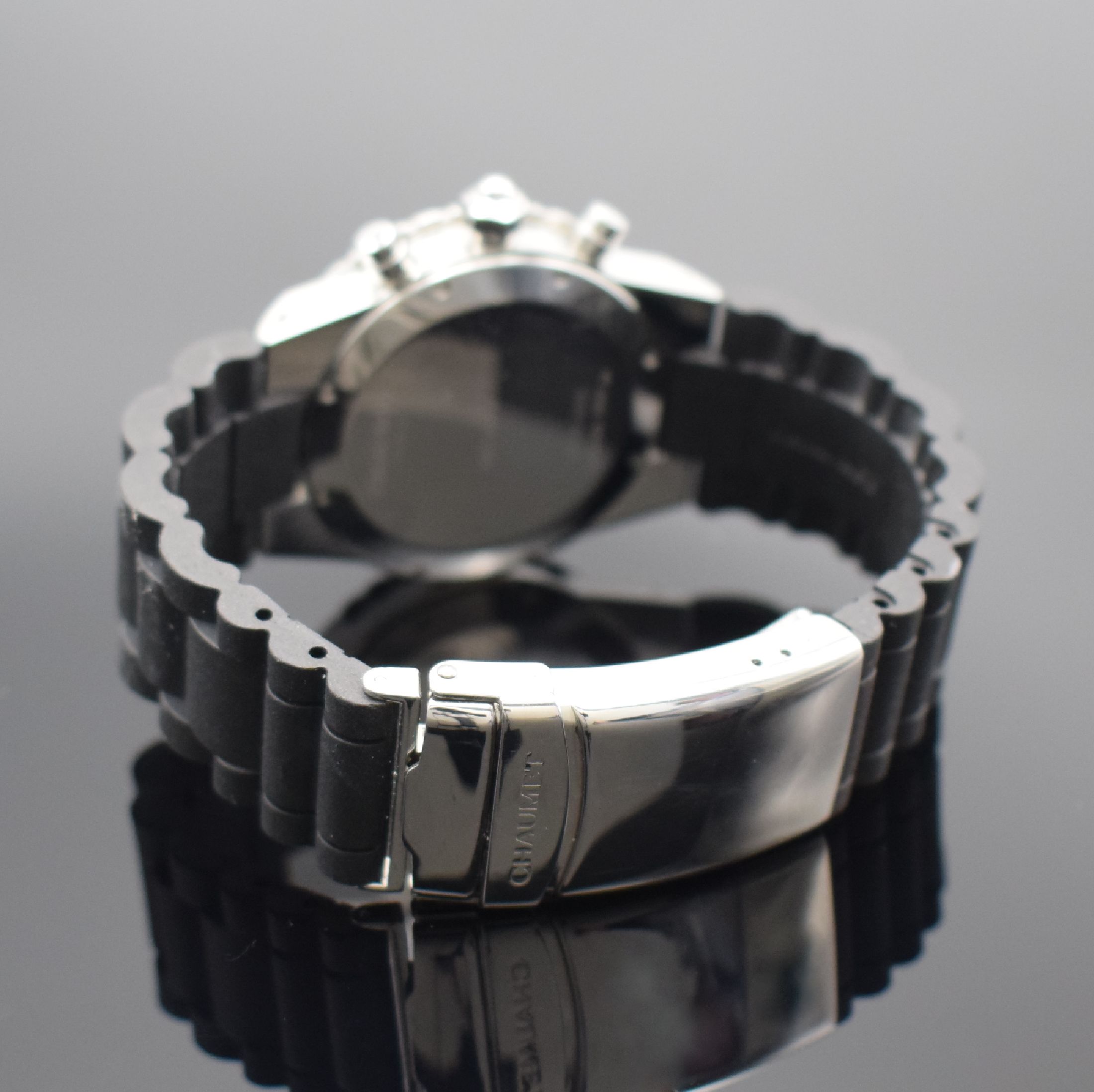 Detail b: CHAUMET Armbandchronograph Referenz 625, quarz, Schweiz/Frankreich um 2010, Edelstahlgeh. inkl. orig. Kautschukband m. orig. Faltschl., Boden 8-fach ...