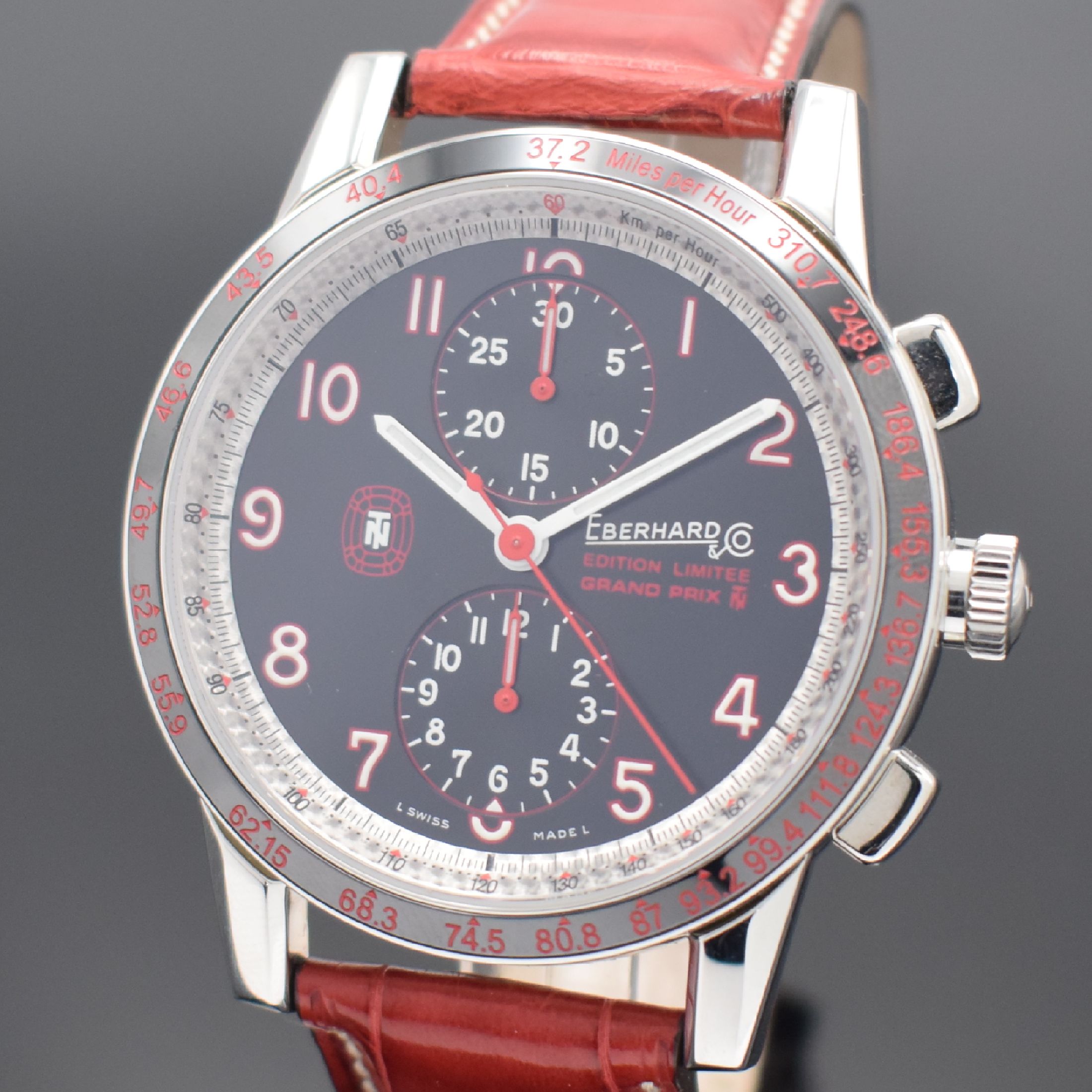 Detail a: EBERHARD & Co. auf 999 Stück limitierter Armbandchronograph Tazio Nuvolari Grand Prix Referenz 31056, Automatik, Edelstahlgeh. inkl. orig. Lederband ...