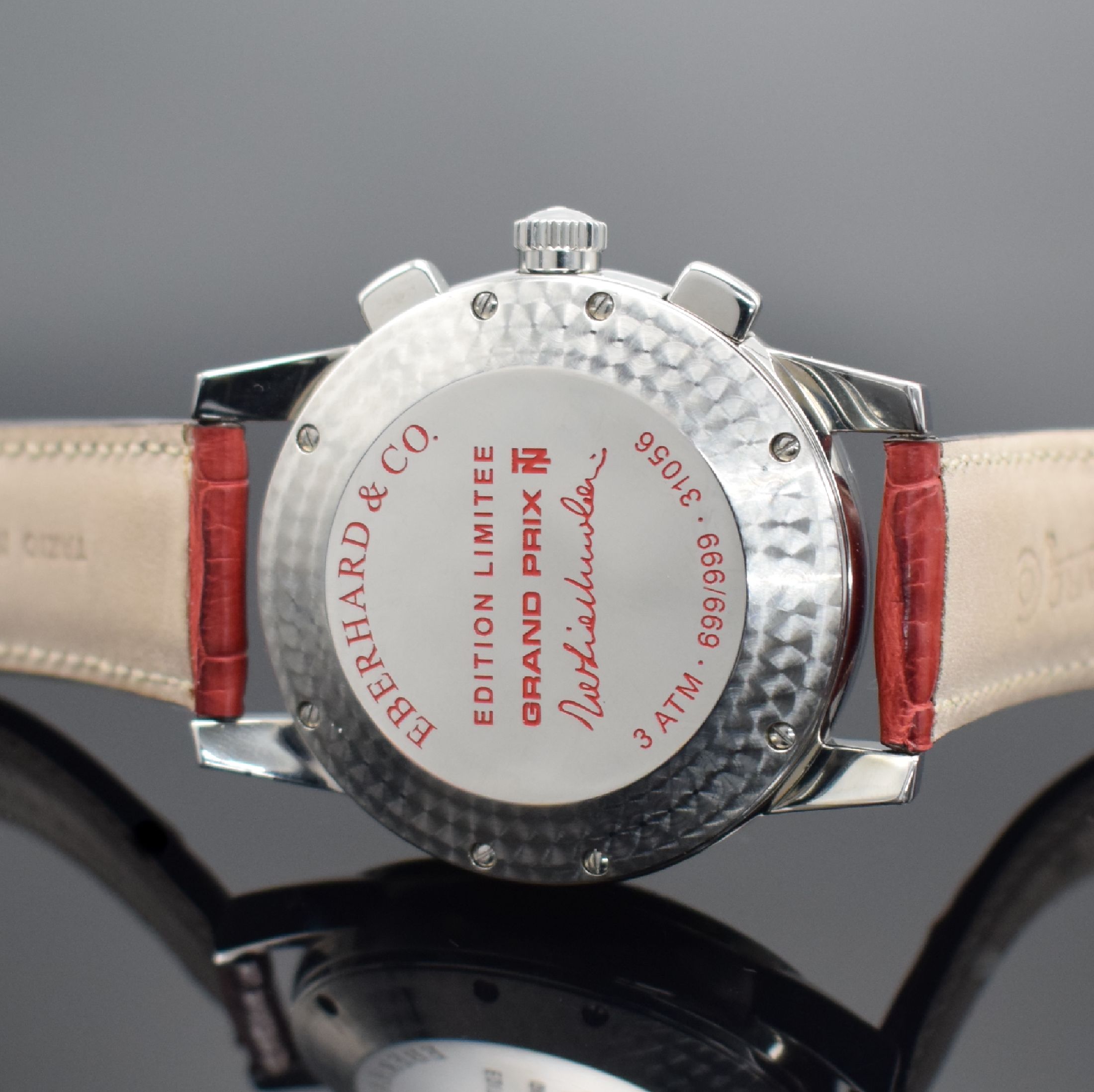 Detail d: EBERHARD & Co. auf 999 Stück limitierter Armbandchronograph Tazio Nuvolari Grand Prix Referenz 31056, Automatik, Edelstahlgeh. inkl. orig. Lederband ...