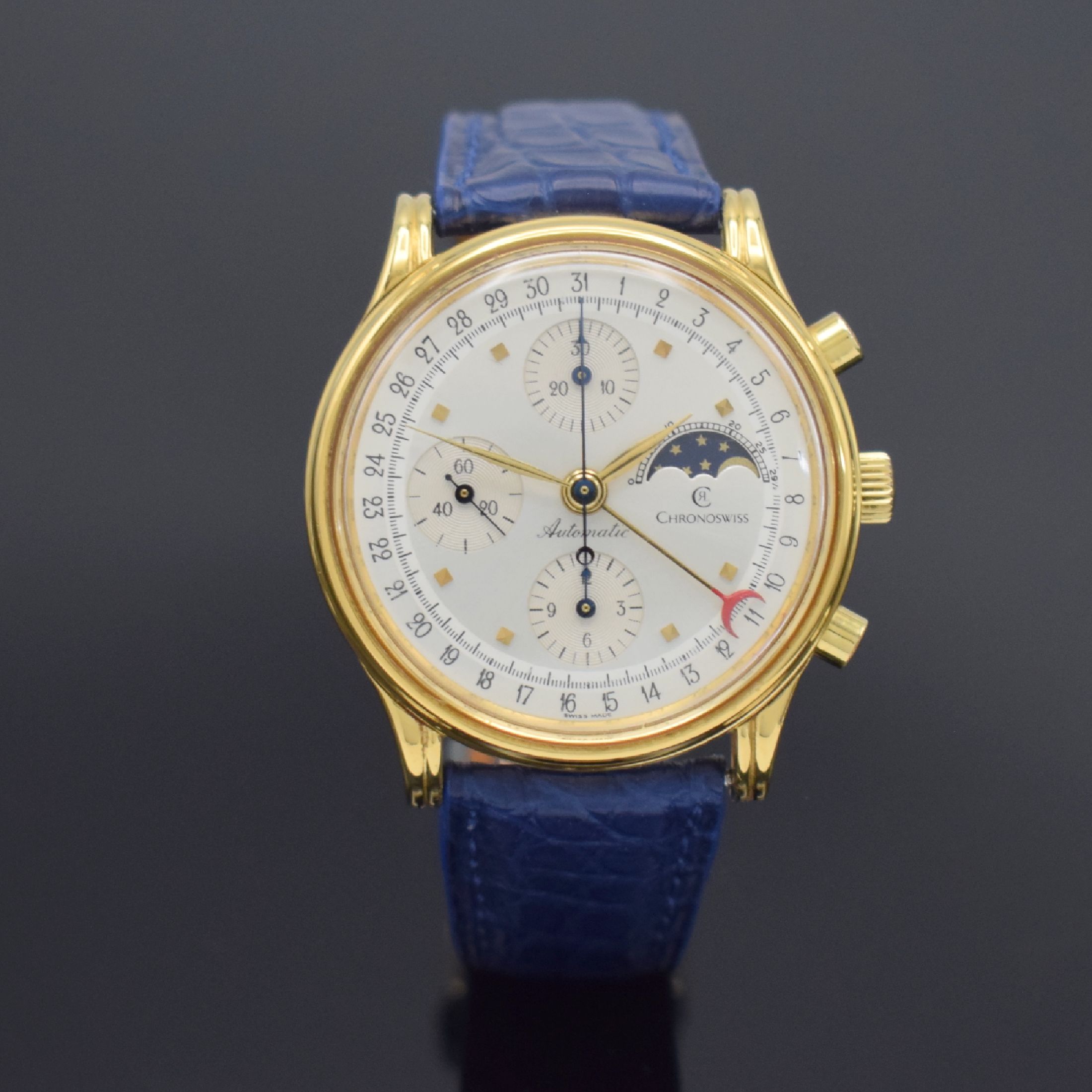 CHRONOSWISS Armbandchronograph mit Mondphase Referenz 77990, Schweiz um 1989, Automatik, verg. Geh., Edelstahlboden verschr., silbernes Zifferbl., ...
