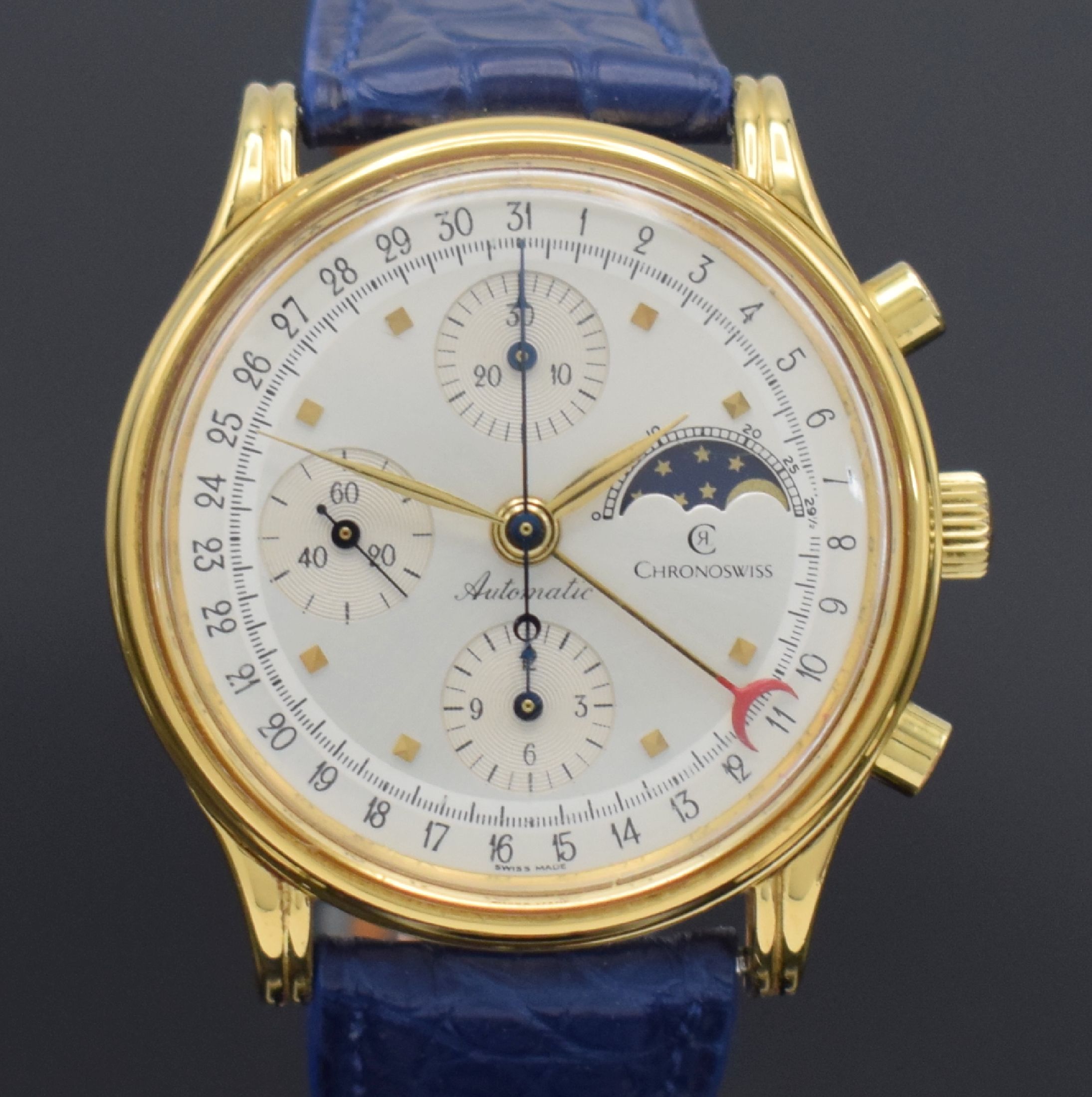 Detail a: CHRONOSWISS Armbandchronograph mit Mondphase Referenz 77990, Schweiz um 1989, Automatik, verg. Geh., Edelstahlboden verschr., silbernes Zifferbl., ...