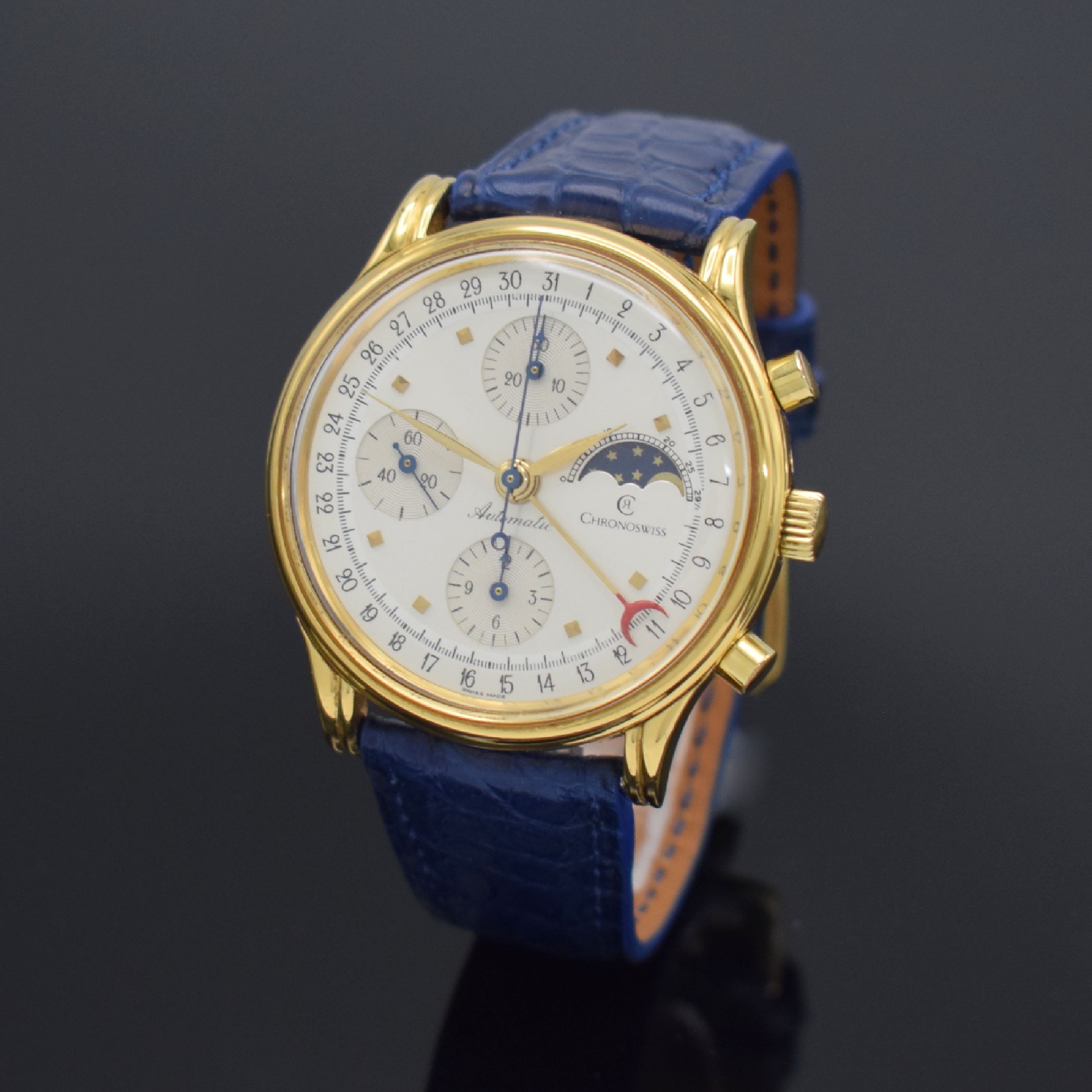 Detail b: CHRONOSWISS Armbandchronograph mit Mondphase Referenz 77990, Schweiz um 1989, Automatik, verg. Geh., Edelstahlboden verschr., silbernes Zifferbl., ...