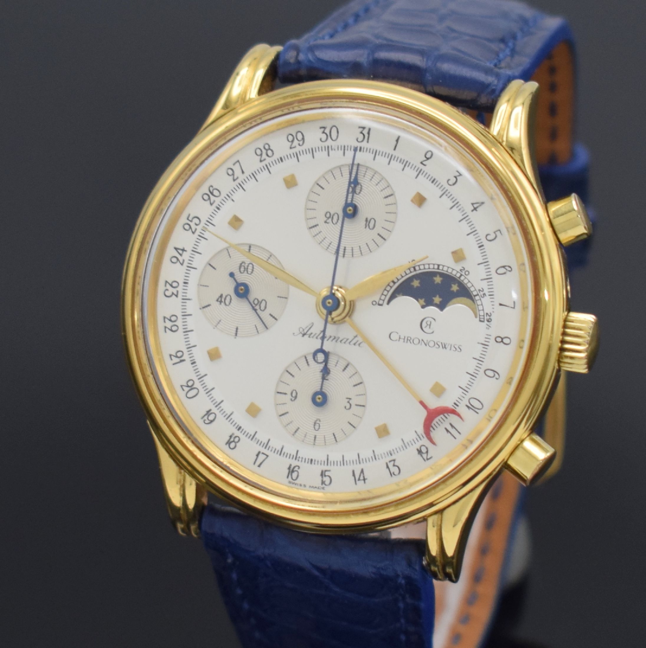 Detail c: CHRONOSWISS Armbandchronograph mit Mondphase Referenz 77990, Schweiz um 1989, Automatik, verg. Geh., Edelstahlboden verschr., silbernes Zifferbl., ...