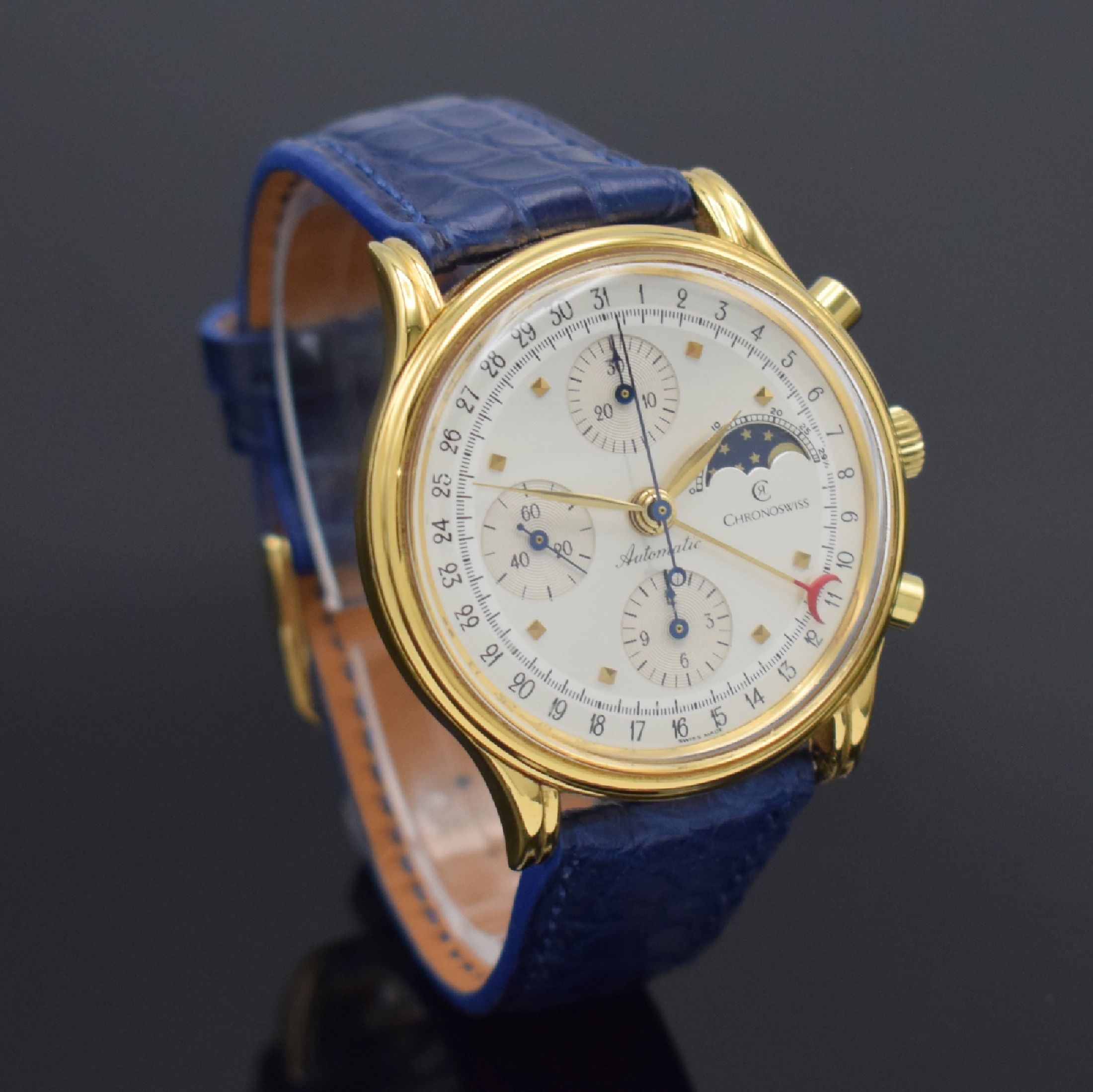 Detail d: CHRONOSWISS Armbandchronograph mit Mondphase Referenz 77990, Schweiz um 1989, Automatik, verg. Geh., Edelstahlboden verschr., silbernes Zifferbl., ...