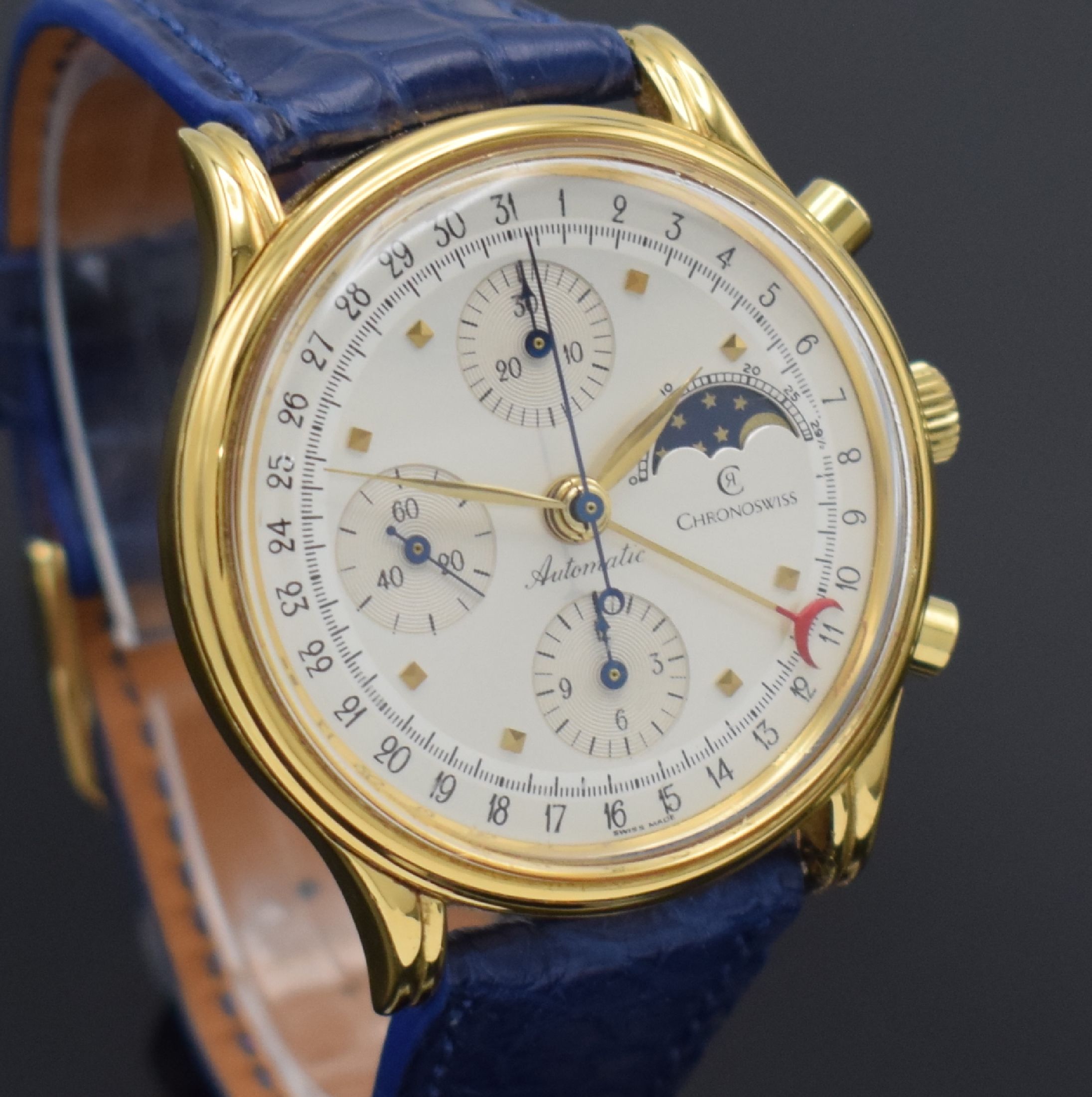 Detail e: CHRONOSWISS Armbandchronograph mit Mondphase Referenz 77990, Schweiz um 1989, Automatik, verg. Geh., Edelstahlboden verschr., silbernes Zifferbl., ...