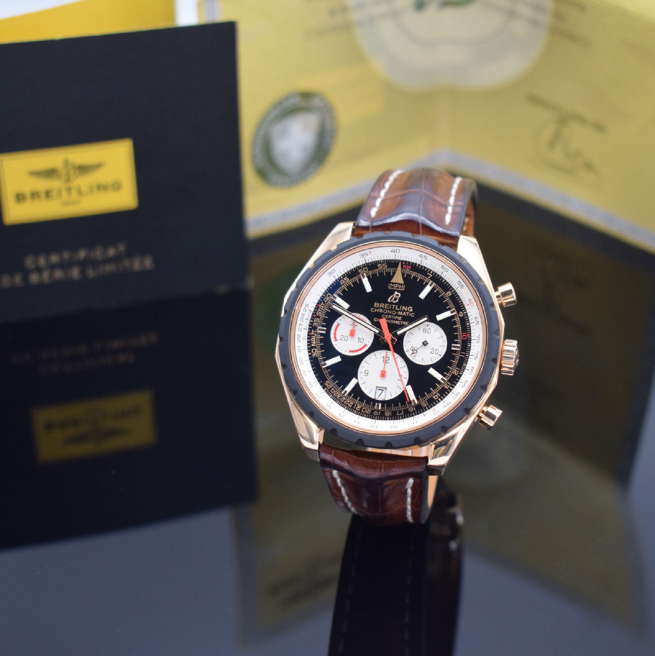 BREITLING auf 500 Stück limitierter Armbandchronograph Chrono-Matic 49 in Roségold 750/000 Referenz R14360, Schweiz um 2017, orig. Lederband m. ...