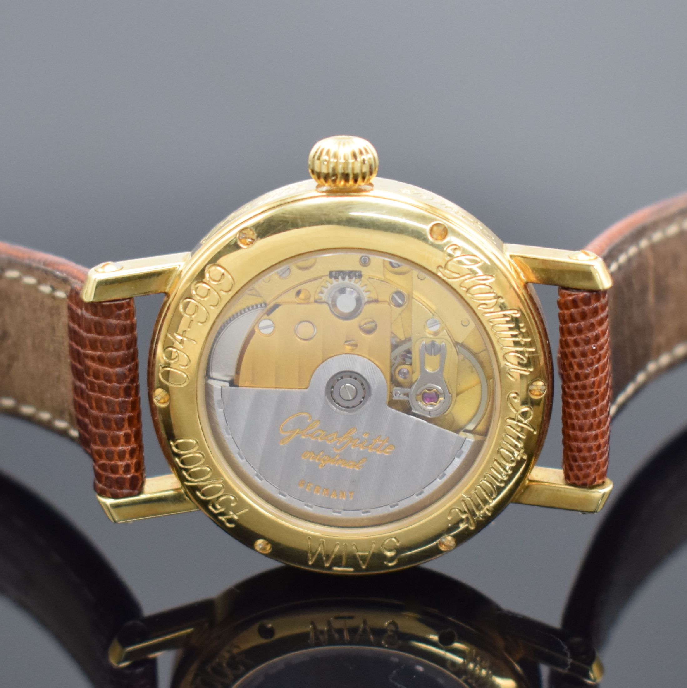 Detail e: GLASHÜTTE ORIGINAL auf 999 Stück limitierte Herrenarmbanduhr in GG 750/000, Automatik, Deutschland um 1993, beids. vergl., Boden aufgedr., orig. ...