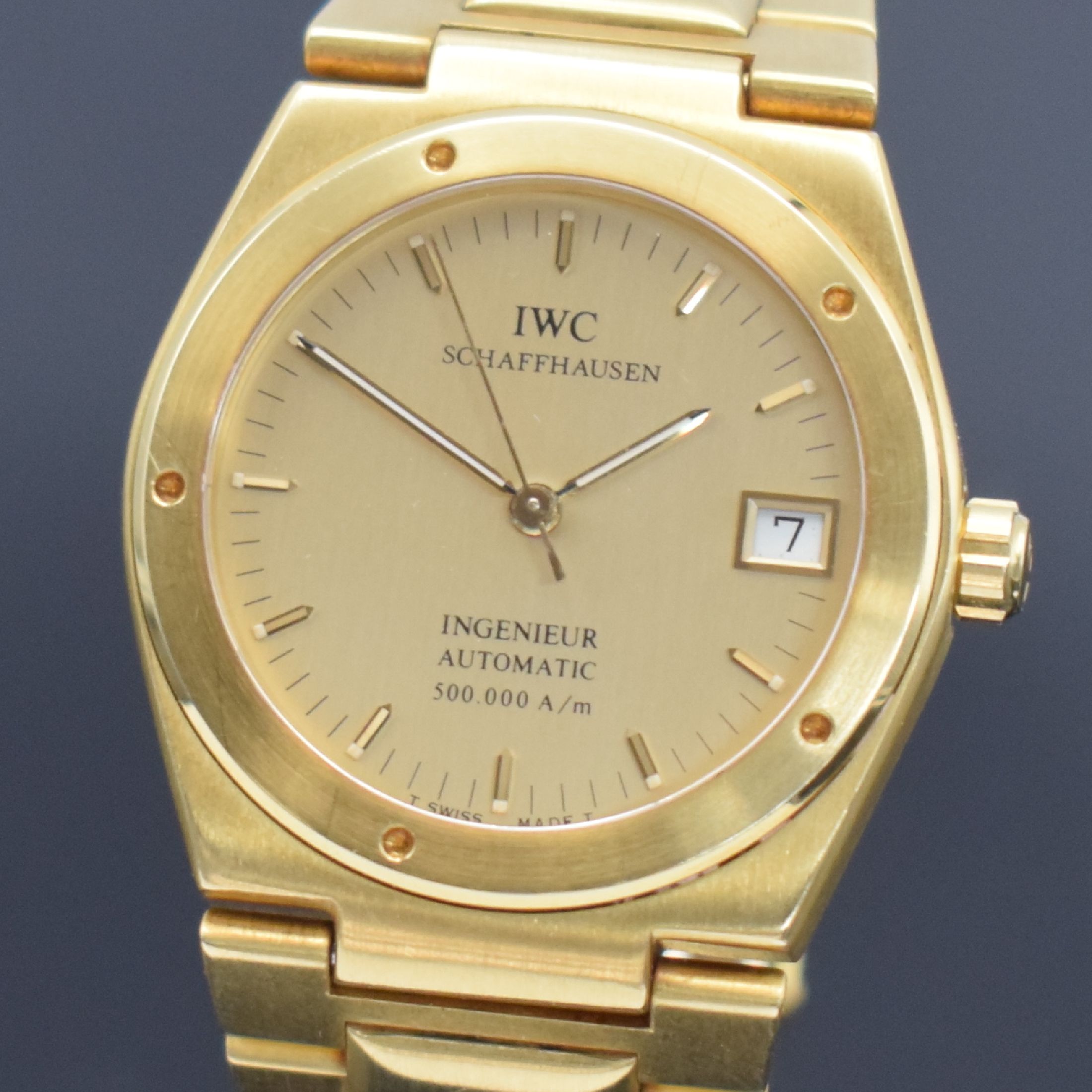 Detail a: IWC Ingenieur SL 500.000 A/m seltene Herrenarmbanduhr in GG 750/000 Referenz 9238, Schweiz um 1992, Automatik, massives Geh. inkl. Gliederband m. ...