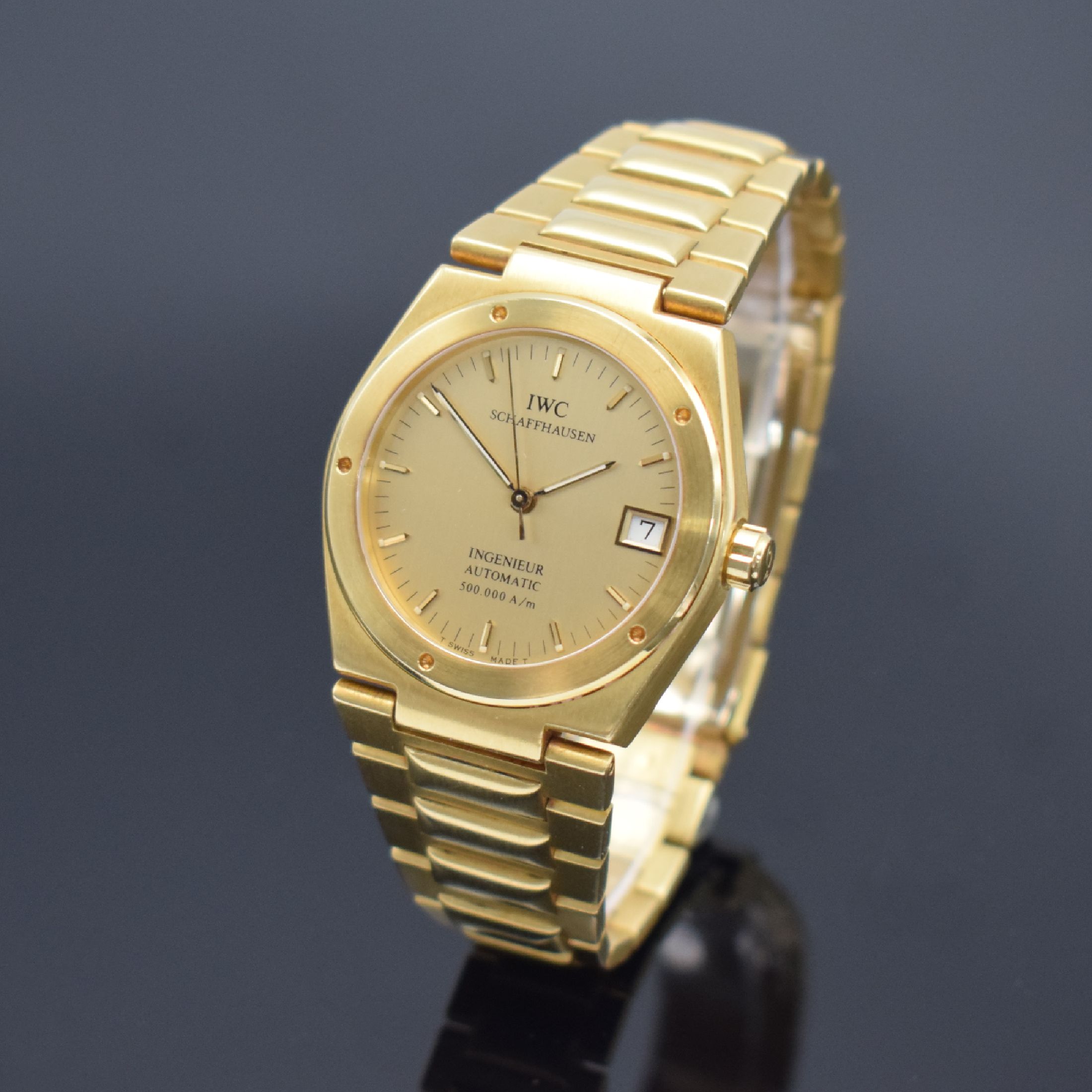 Detail b: IWC Ingenieur SL 500.000 A/m seltene Herrenarmbanduhr in GG 750/000 Referenz 9238, Schweiz um 1992, Automatik, massives Geh. inkl. Gliederband m. ...