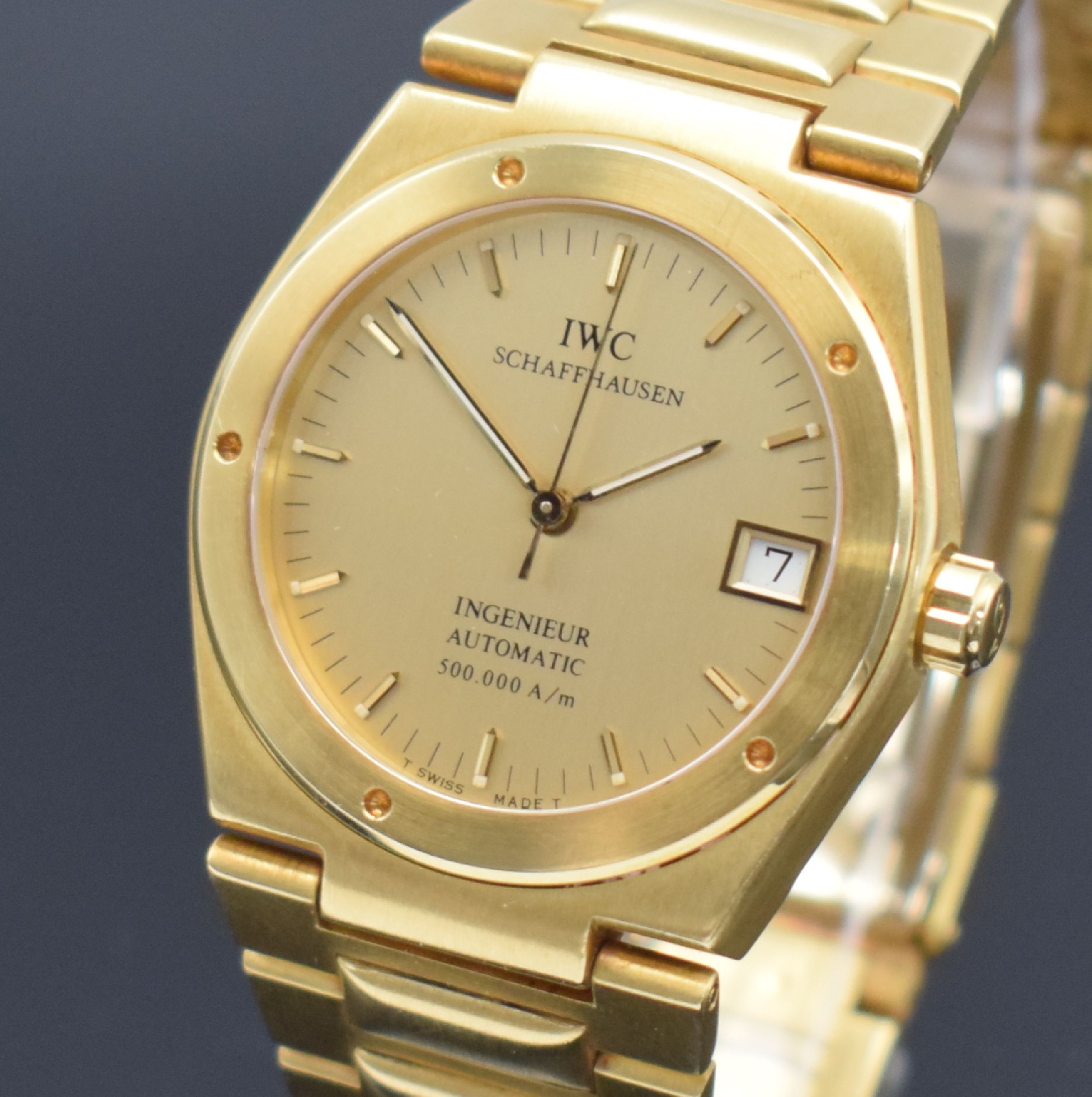 Detail c: IWC Ingenieur SL 500.000 A/m seltene Herrenarmbanduhr in GG 750/000 Referenz 9238, Schweiz um 1992, Automatik, massives Geh. inkl. Gliederband m. ...