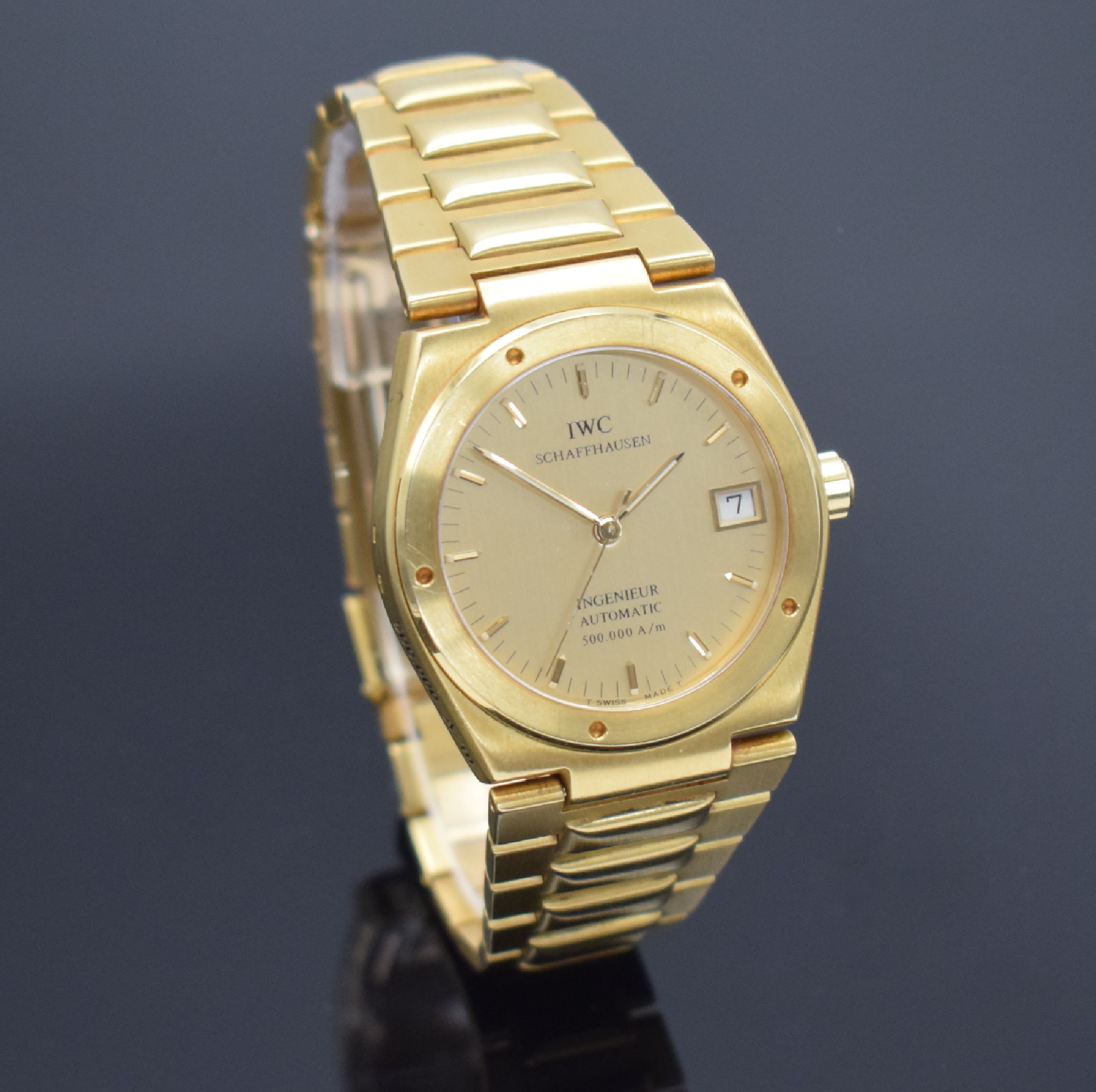 Detail d: IWC Ingenieur SL 500.000 A/m seltene Herrenarmbanduhr in GG 750/000 Referenz 9238, Schweiz um 1992, Automatik, massives Geh. inkl. Gliederband m. ...