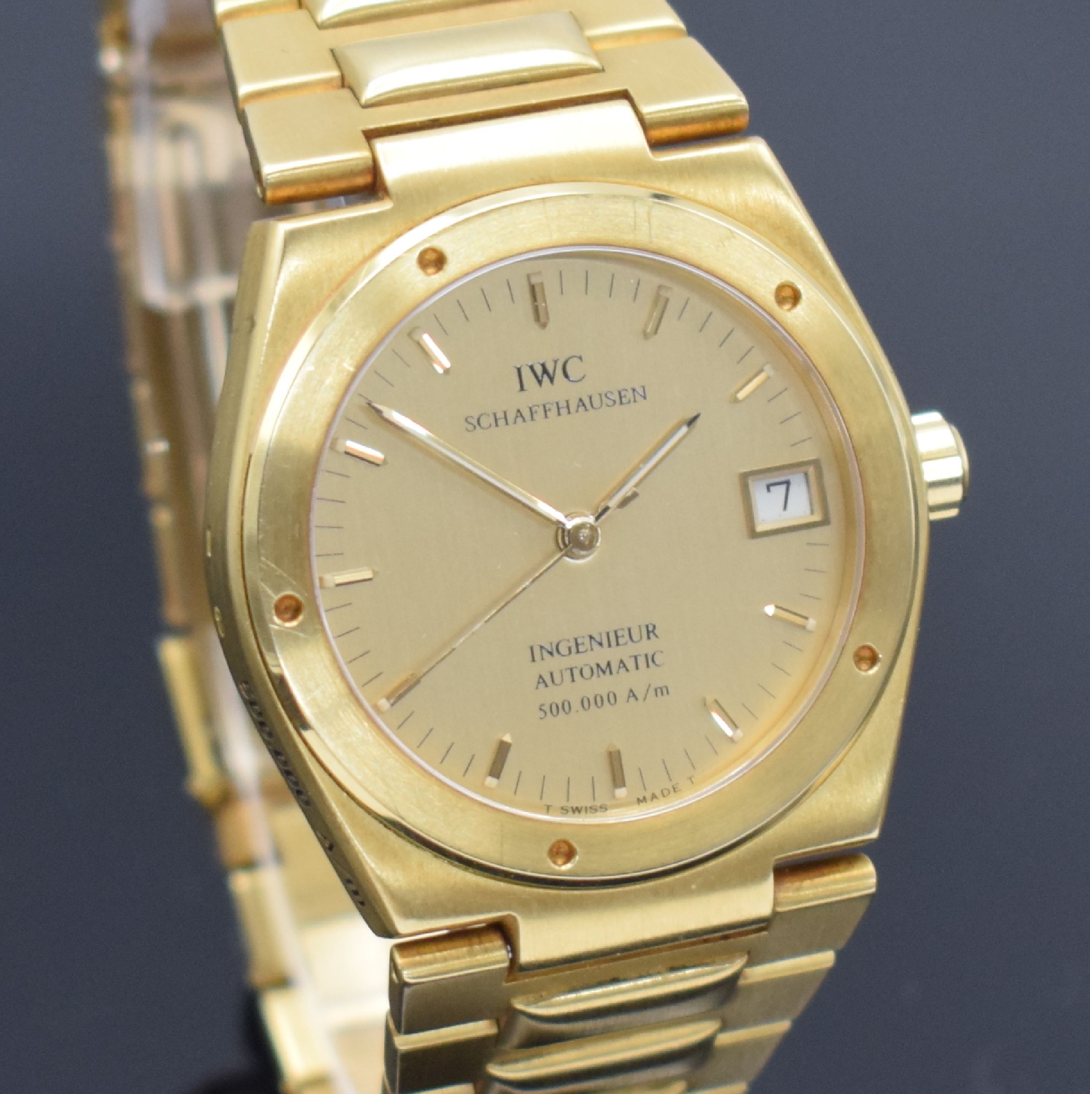 Detail e: IWC Ingenieur SL 500.000 A/m seltene Herrenarmbanduhr in GG 750/000 Referenz 9238, Schweiz um 1992, Automatik, massives Geh. inkl. Gliederband m. ...