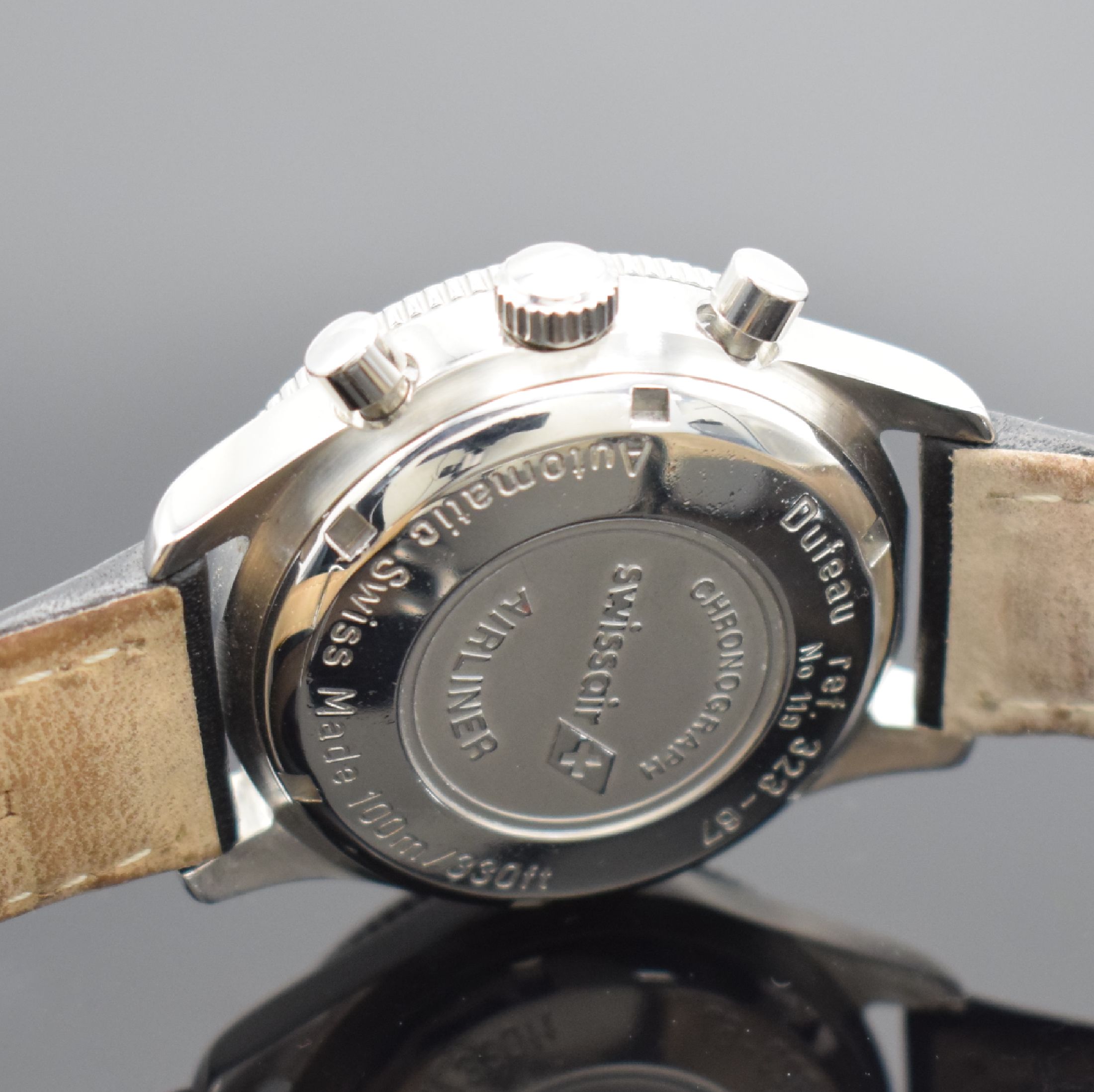 Detail c: DUFEAU SWISS AIR Armbandchronograph Airliner Referenz 323-67, Automatik, Schweiz um 2010, Edelstahlgeh. inkl. Lederband m. Faltschl., Boden & Krone ...