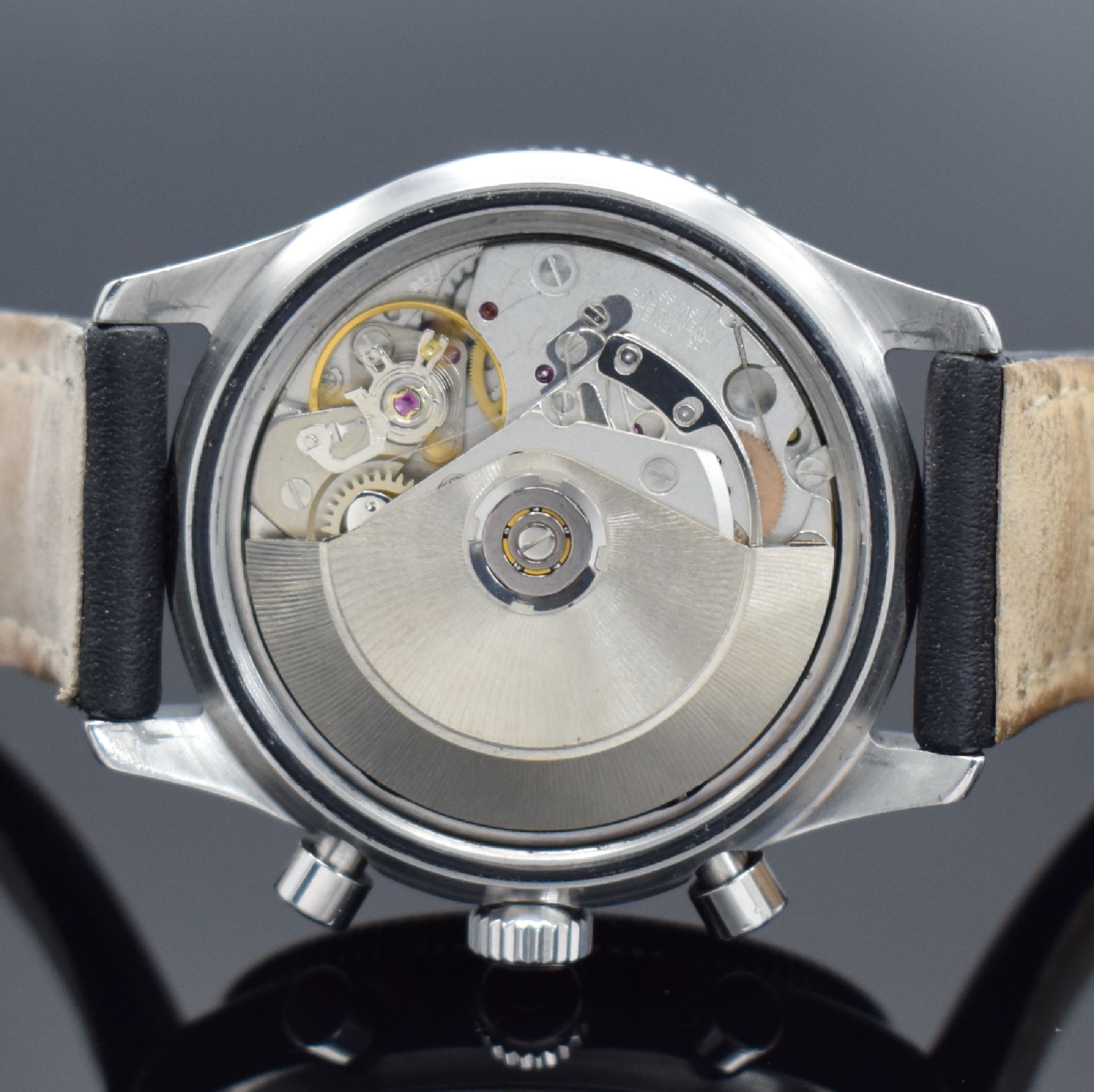 Detail e: DUFEAU SWISS AIR Armbandchronograph Airliner Referenz 323-67, Automatik, Schweiz um 2010, Edelstahlgeh. inkl. Lederband m. Faltschl., Boden & Krone ...