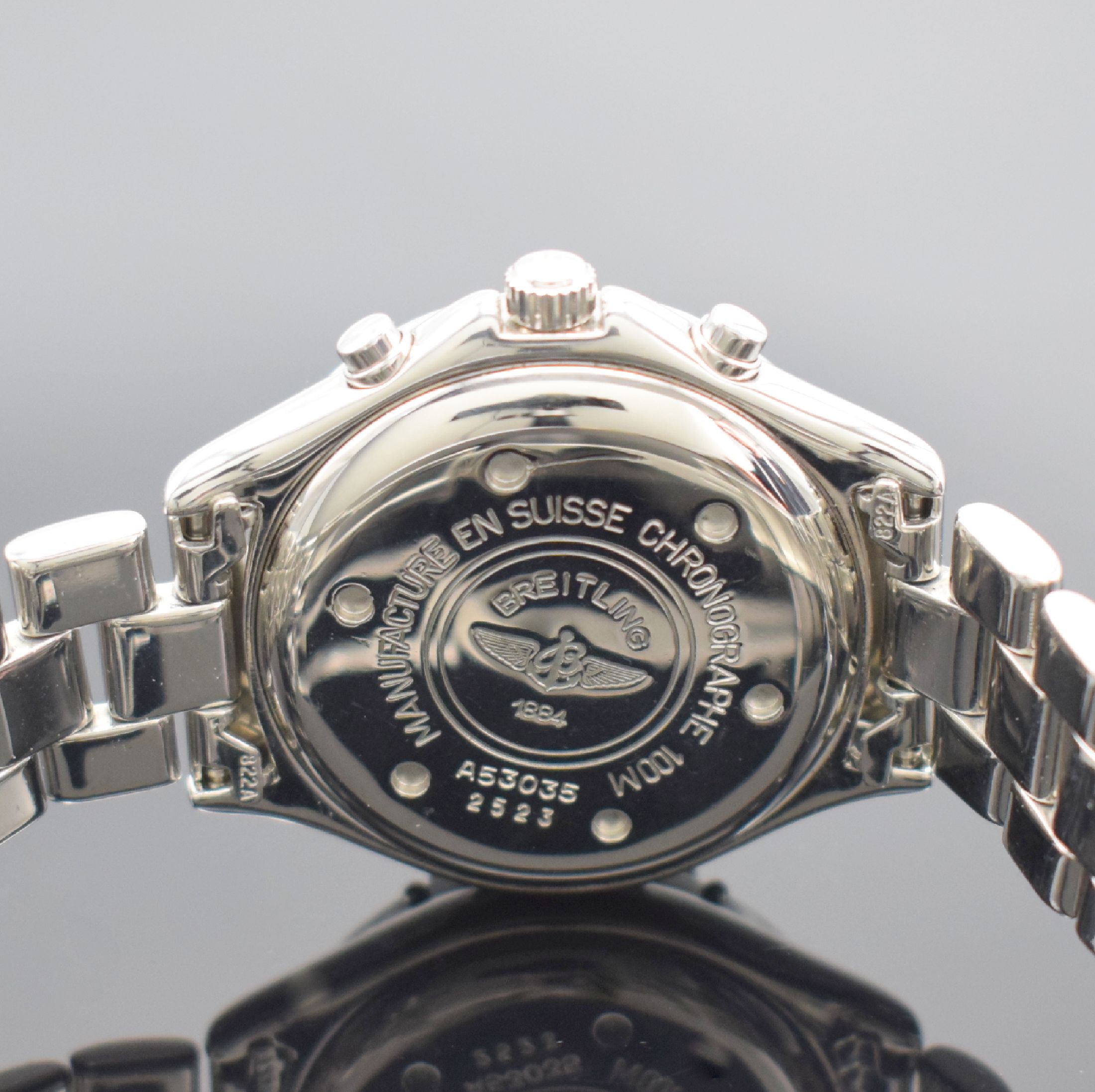 Detail d: BREITLING Armbandchronograph Serie Colt Referenz A53035, Schweiz um 1995, quarz, Edelstahlgeh. inkl. orig. Gliederband m. Faltschl., schwarzes ...