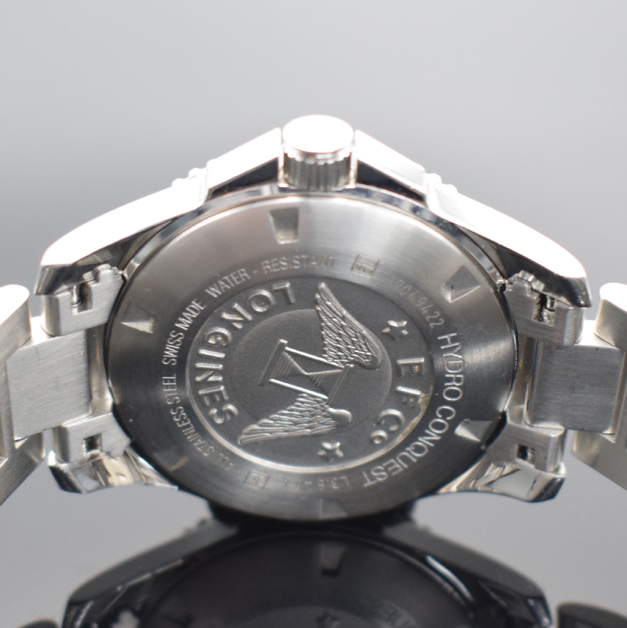 Detail d: LONGINES Hydro Conquest Herrenarmbanduhr Referenz L3.640.4, quarz, Edelstahlgeh. inkl. orig. Gliederband m. Faltschl. & Tauchverlängerung, zus. ...