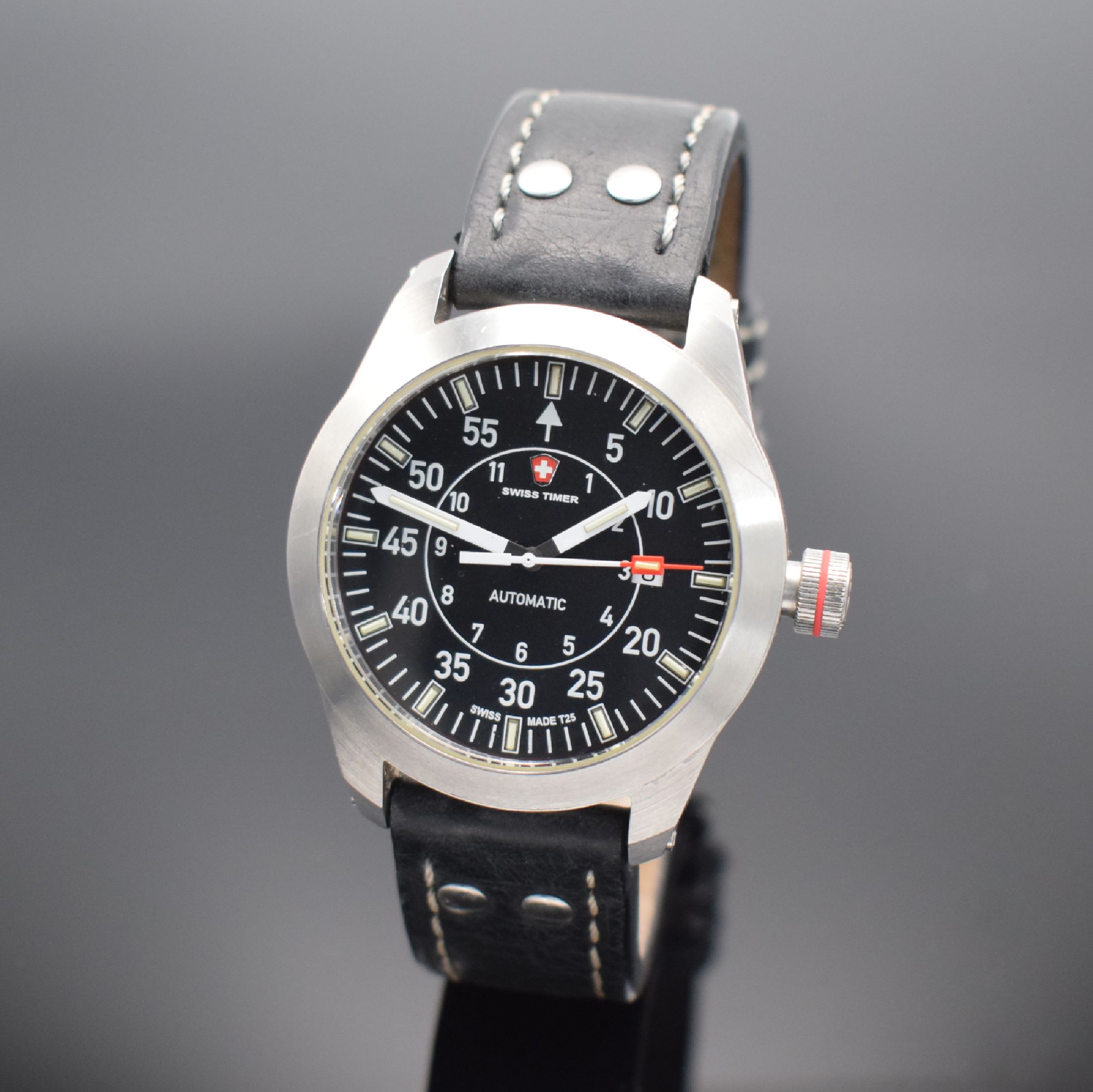 SWISS TIMER auf 500 Stück limitierte Armbanduhr Referenz 328.65, Automatik, Schweiz um 2015, Edelstahlgeh. inkl. Lederbandm. Dornschl., beids. ...