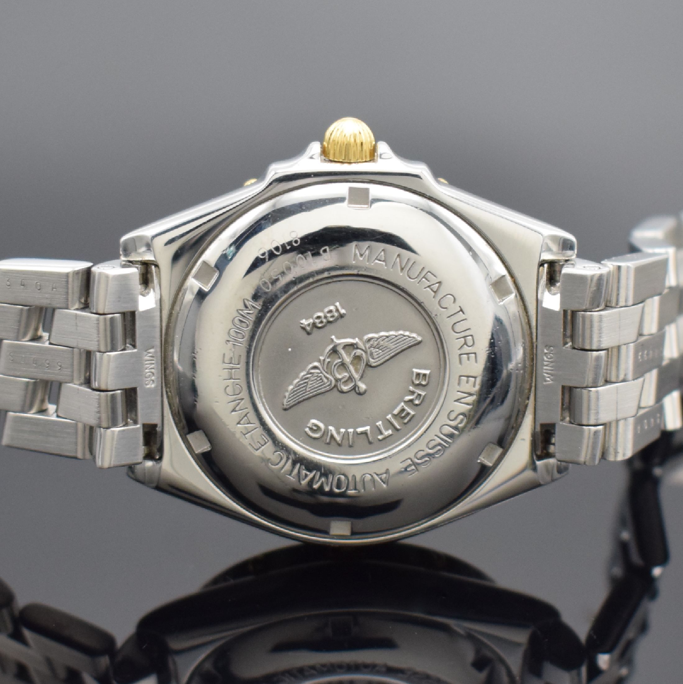 Detail d: BREITLING Mediumarmbanduhr Modellserie Wings Referenz B10050,Schweiz um 1999, Automatik, Edelstahlgeh. inkl. Gliederband m. Faltschl., Krone & Reiter ...
