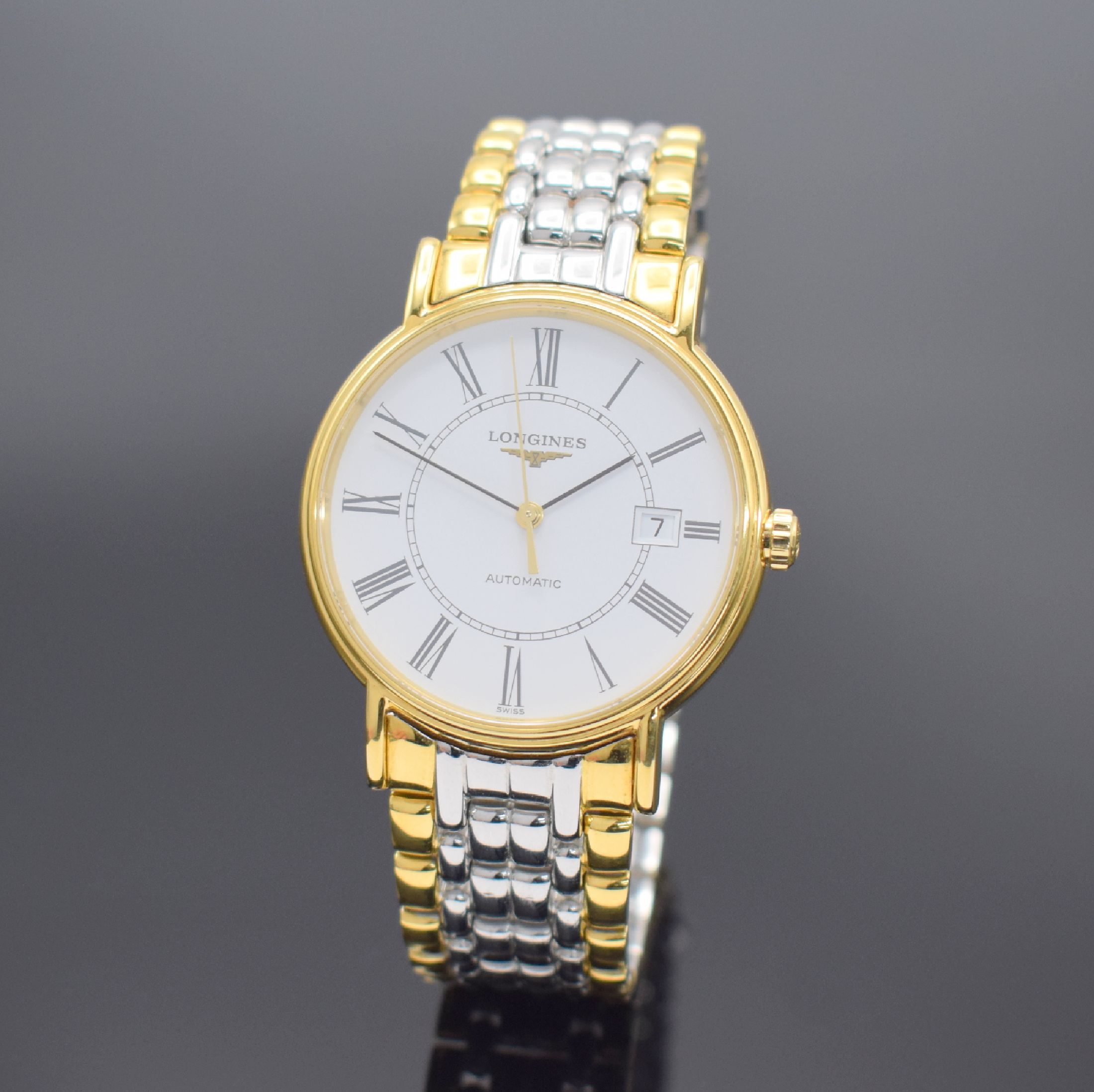 LONGINES Herrenarmbanduhr Présence Referenz L4.921.2, Automatik, z. T. verg. Edelstahlgeh. inkl. orig. Gliederband m. dopp. Faltschl., beids. ...