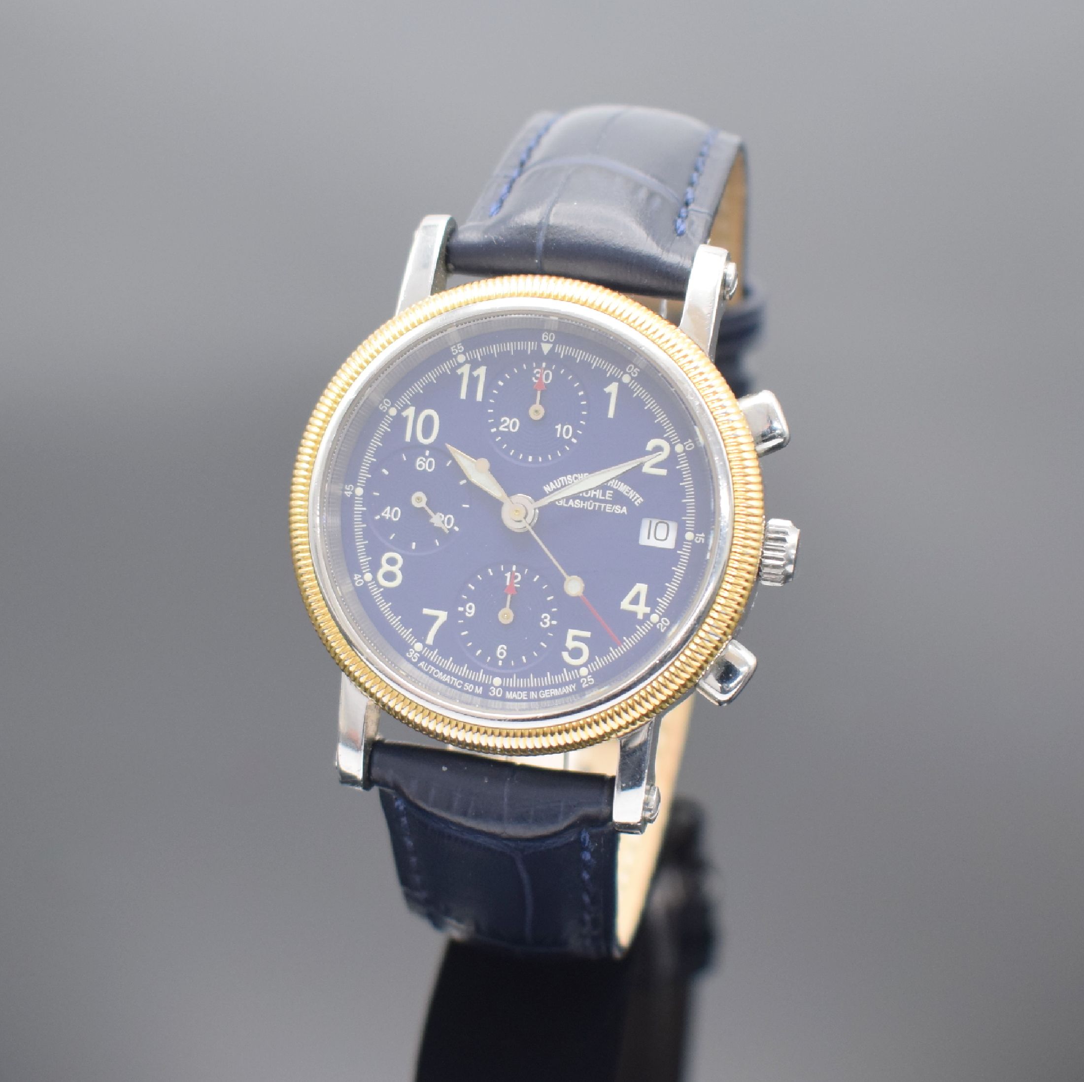 MÜHLE GLASHÜTTE Herrenarmbanduhr Chronograph II Referenz M1-31-50, Automatik, Schweiz um 2002, Edelstahlgeh. inkl. Lederband m. orig. dopp. ...