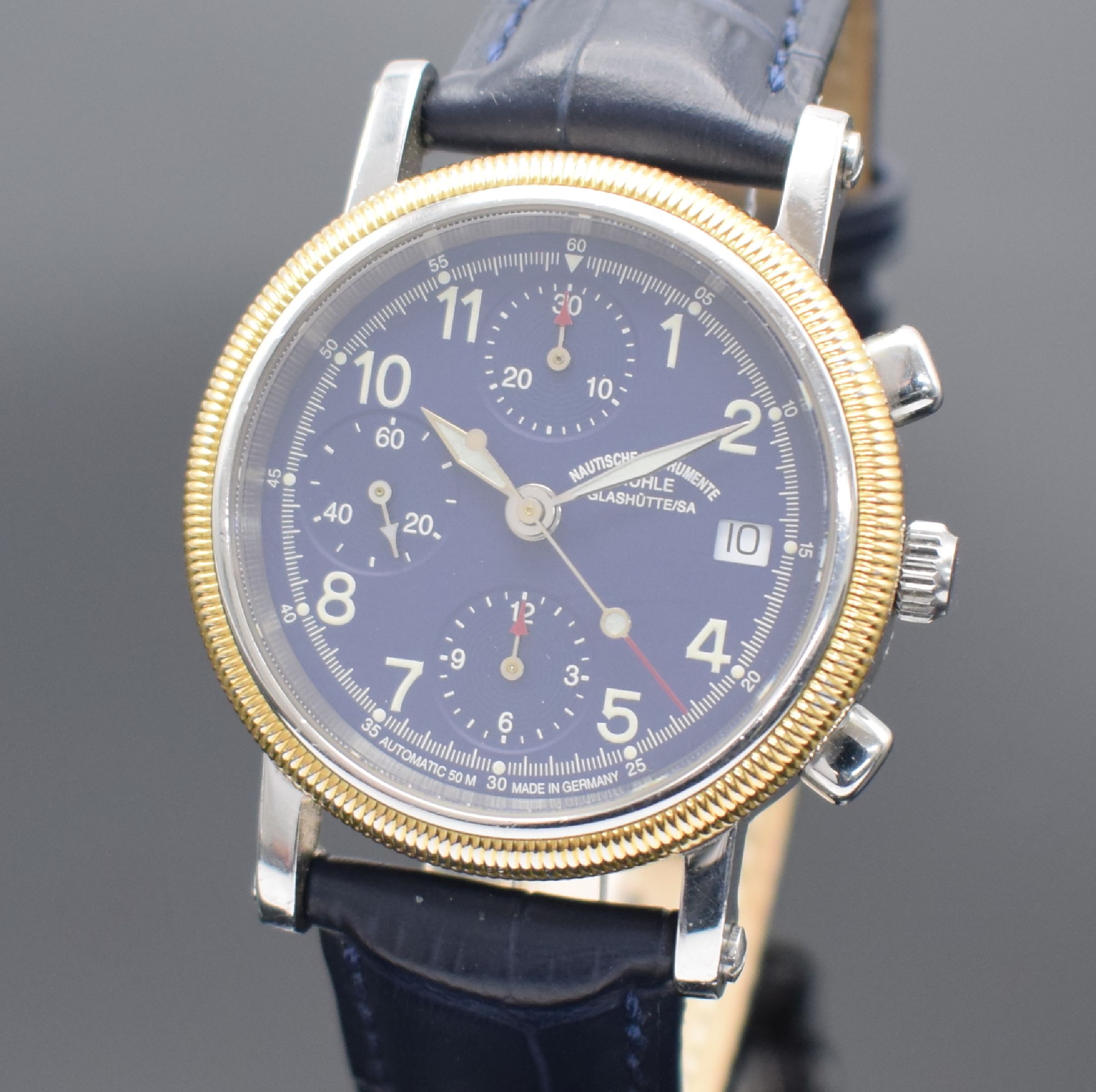 Detail a: MÜHLE GLASHÜTTE Herrenarmbanduhr Chronograph II Referenz M1-31-50, Automatik, Schweiz um 2002, Edelstahlgeh. inkl. Lederband m. orig. dopp. ...