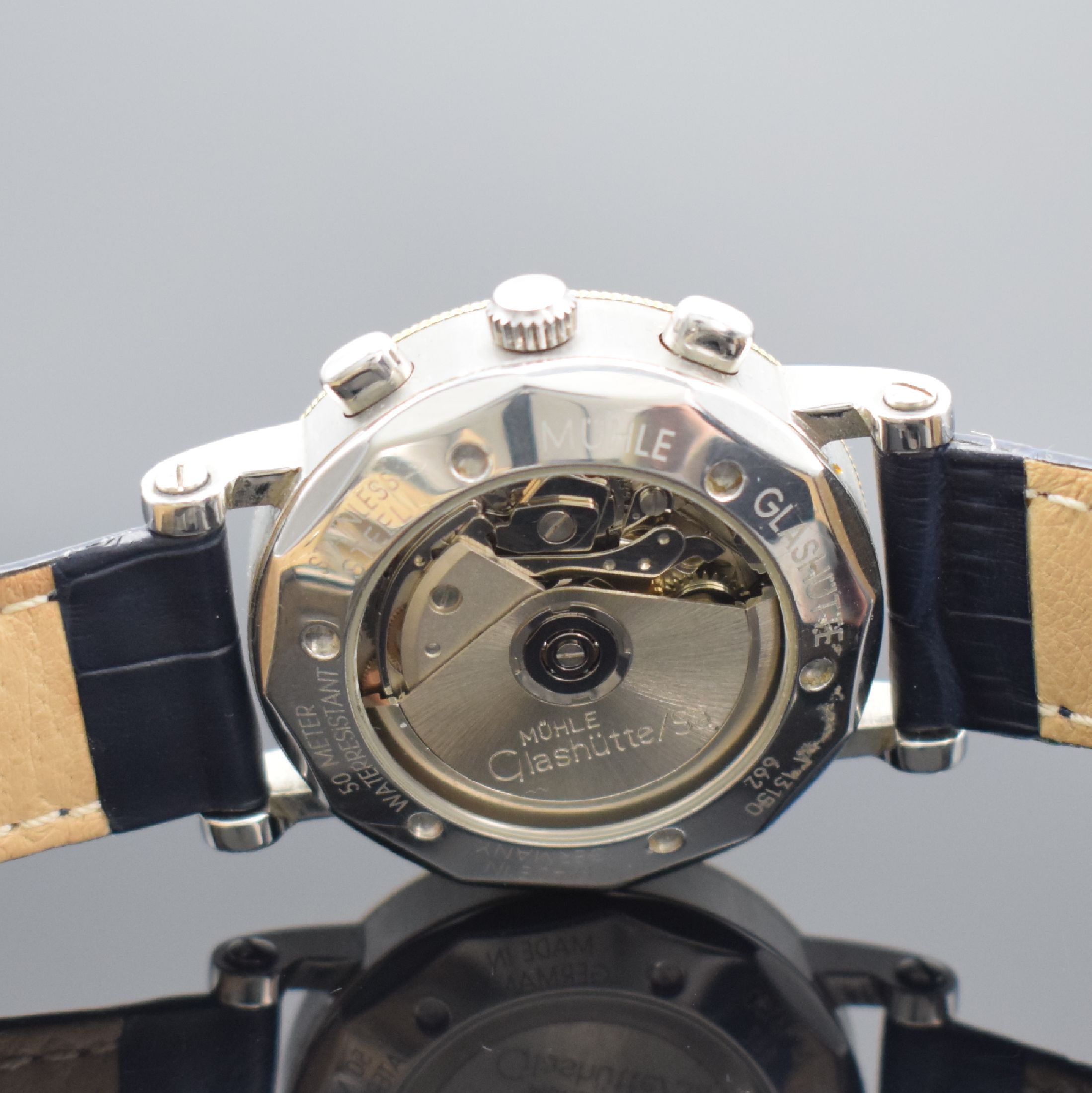 Detail c: MÜHLE GLASHÜTTE Herrenarmbanduhr Chronograph II Referenz M1-31-50, Automatik, Schweiz um 2002, Edelstahlgeh. inkl. Lederband m. orig. dopp. ...