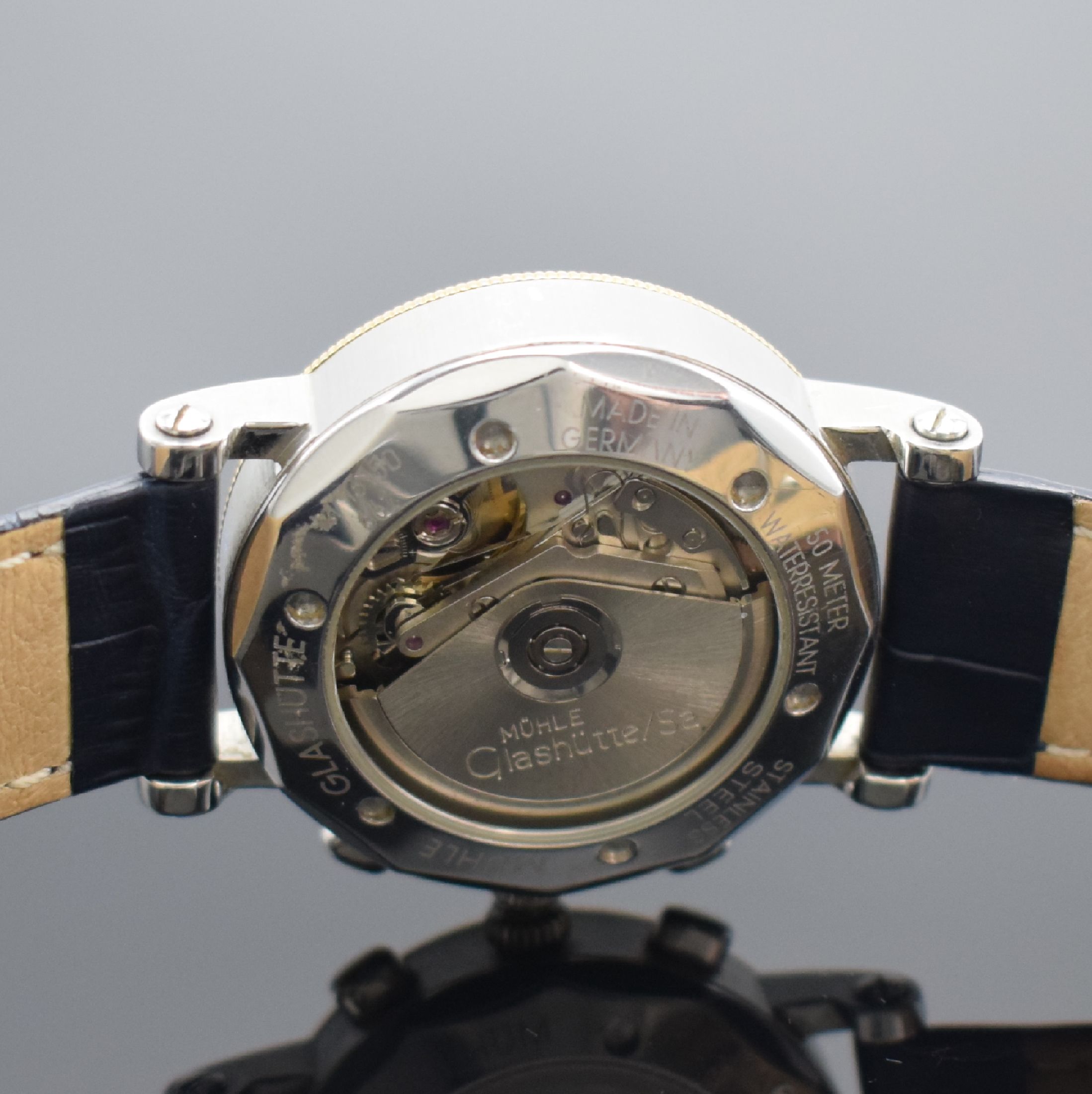 Detail d: MÜHLE GLASHÜTTE Herrenarmbanduhr Chronograph II Referenz M1-31-50, Automatik, Schweiz um 2002, Edelstahlgeh. inkl. Lederband m. orig. dopp. ...