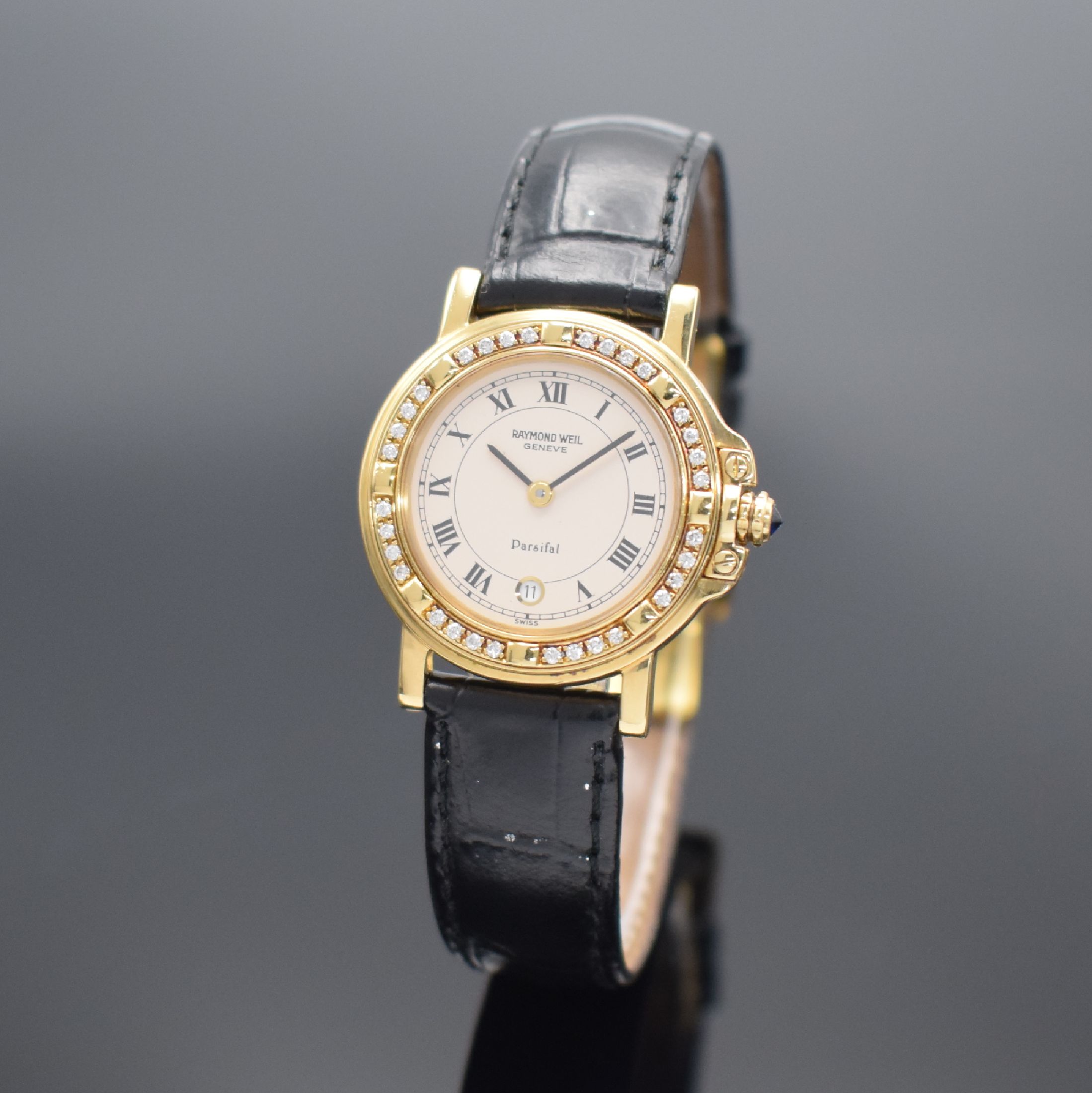 RAYMOND WEIL Damenarmbanduhr Modell Parsifal in GG 750/000 Referenz 10.811, Schweiz um 1995, quarz, Lederband m. verg. orig. dopp. Faltschl., aufw. ...