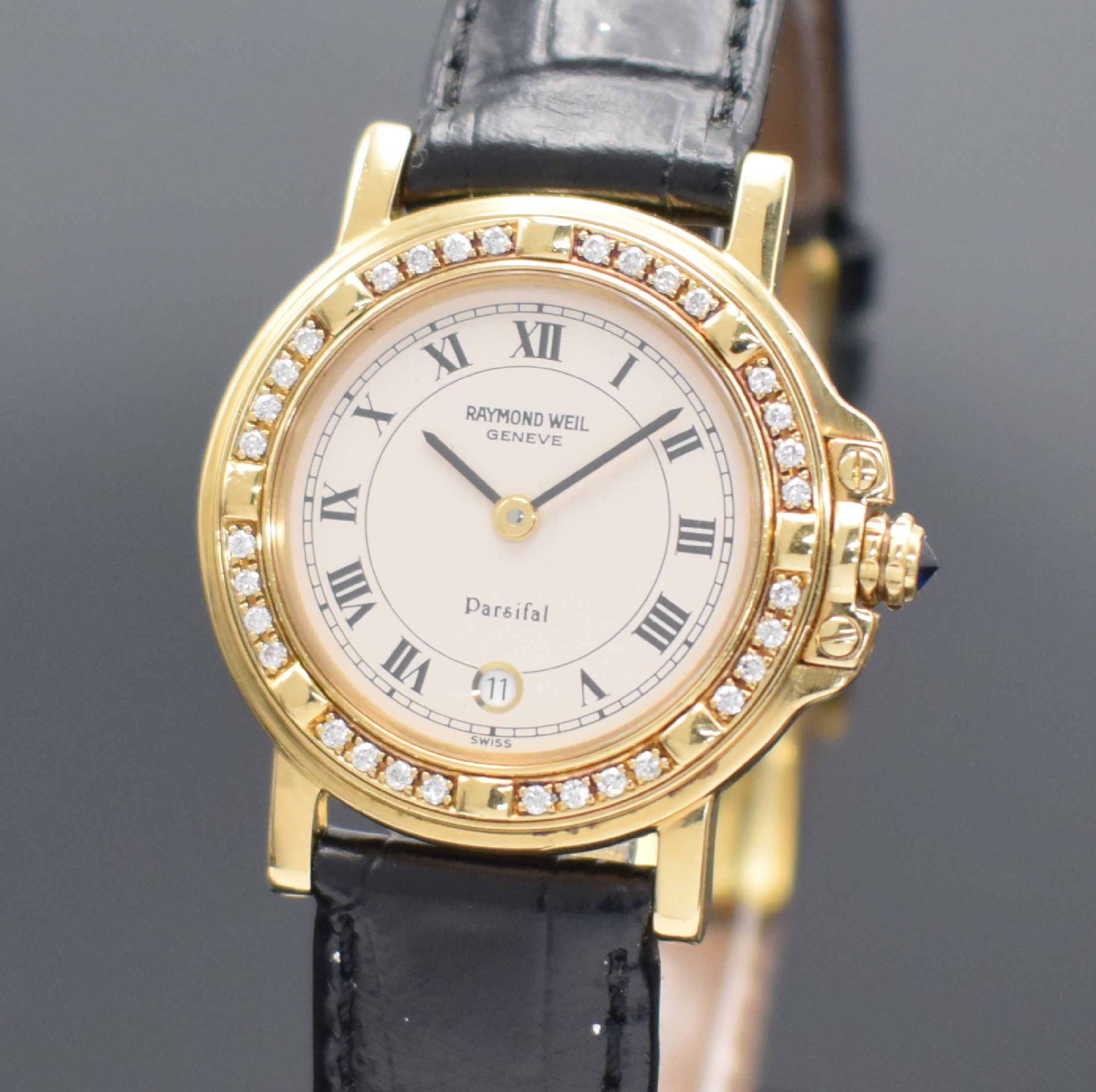Detail a: RAYMOND WEIL Damenarmbanduhr Modell Parsifal in GG 750/000 Referenz 10.811, Schweiz um 1995, quarz, Lederband m. verg. orig. dopp. Faltschl., aufw. ...