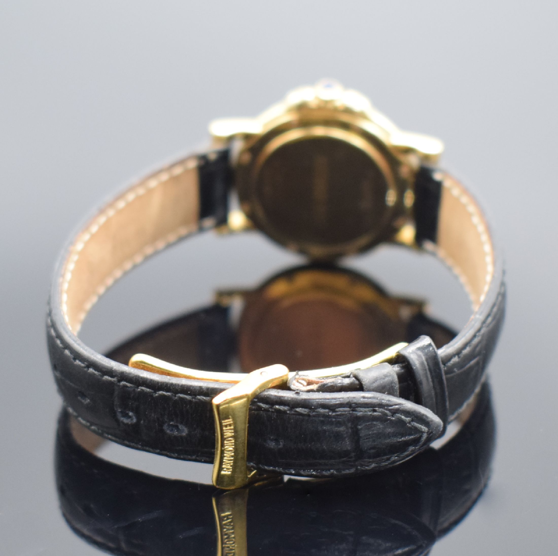 Detail b: RAYMOND WEIL Damenarmbanduhr Modell Parsifal in GG 750/000 Referenz 10.811, Schweiz um 1995, quarz, Lederband m. verg. orig. dopp. Faltschl., aufw. ...