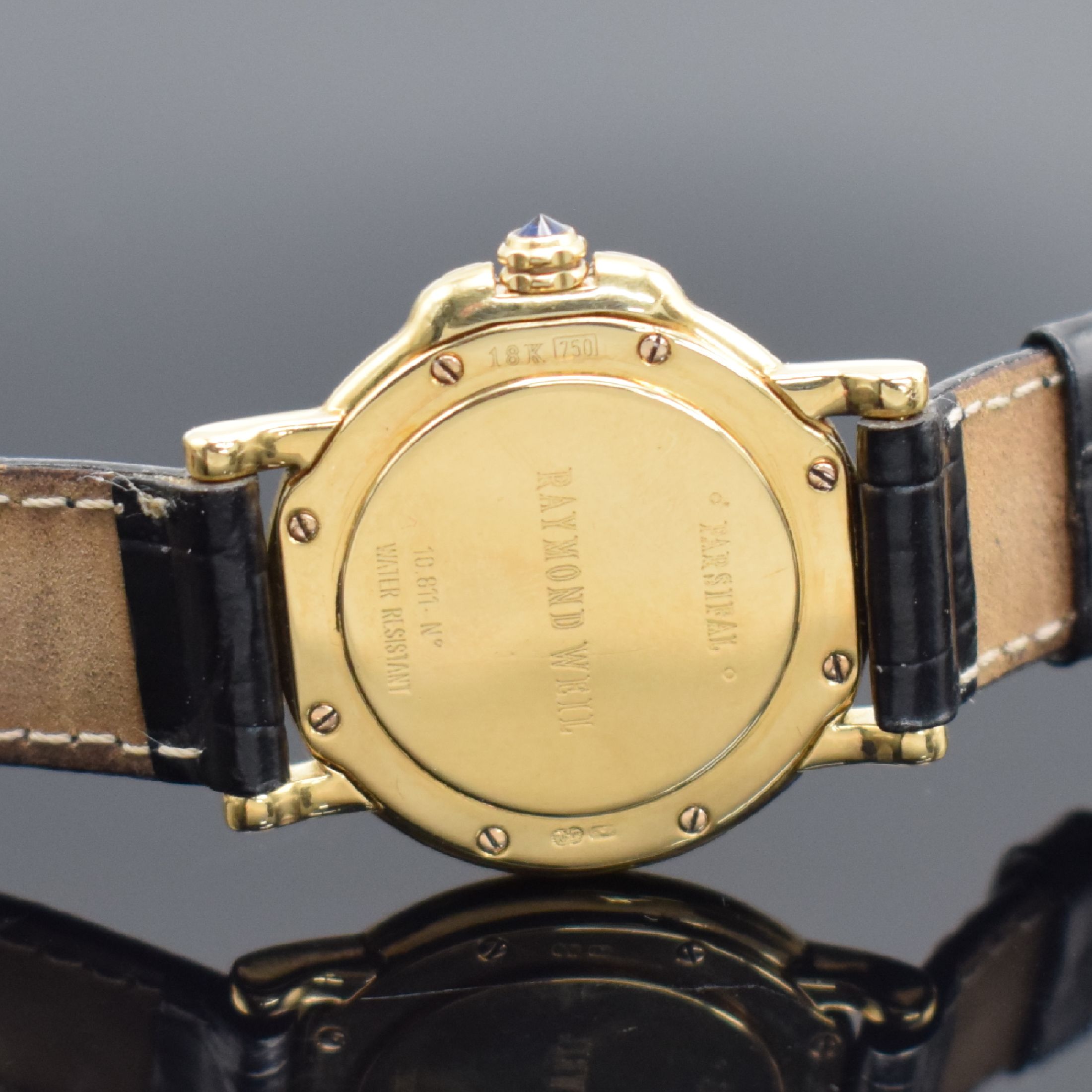 Detail c: RAYMOND WEIL Damenarmbanduhr Modell Parsifal in GG 750/000 Referenz 10.811, Schweiz um 1995, quarz, Lederband m. verg. orig. dopp. Faltschl., aufw. ...