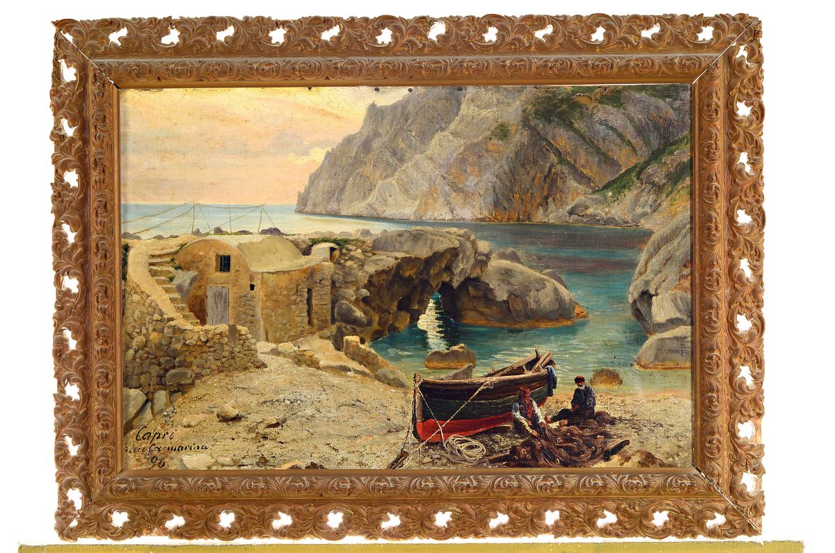 Detail k: Unbekannter Künstler, datiert (18)96, Hafen in Capri, Öl/Holz, links unten bez.: ...marina Capri und dat., ca. 40x58cm, R. ca. 53x70cm