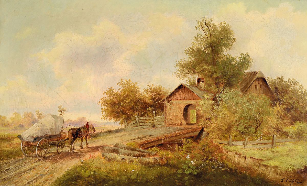 Ludwig Fuger, süddeutscher Maler des 19. Jh., Pferd und Kutsche vor einem Bauernhof, Öl/Lwd, rechts unten signiert, ca. 42x69cm, Prunkrahmen ca. ...
