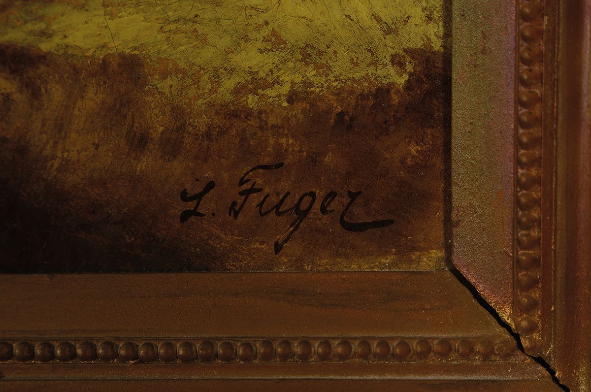 Detail a: Ludwig Fuger, süddeutscher Maler des 19. Jh., Pferd und Kutsche vor einem Bauernhof, Öl/Lwd, rechts unten signiert, ca. 42x69cm, Prunkrahmen ca. ...