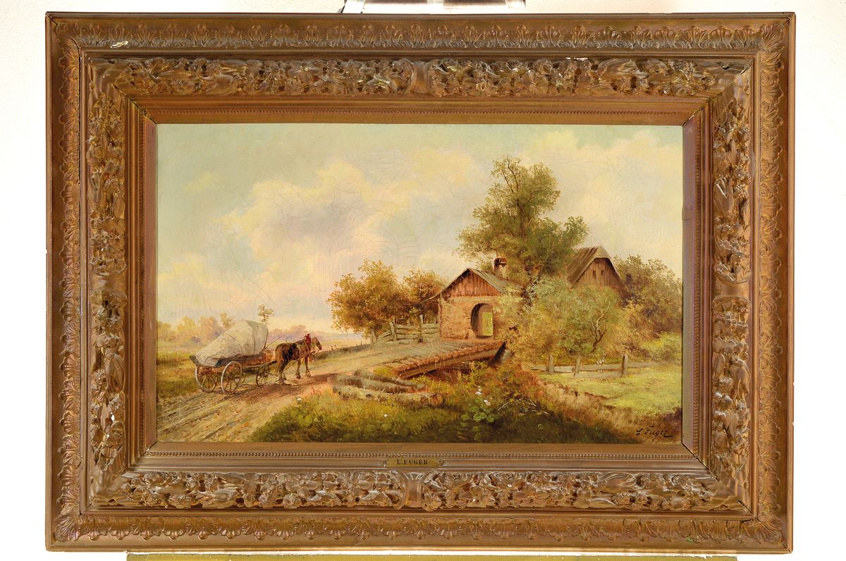 Detail k: Ludwig Fuger, süddeutscher Maler des 19. Jh., Pferd und Kutsche vor einem Bauernhof, Öl/Lwd, rechts unten signiert, ca. 42x69cm, Prunkrahmen ca. ...