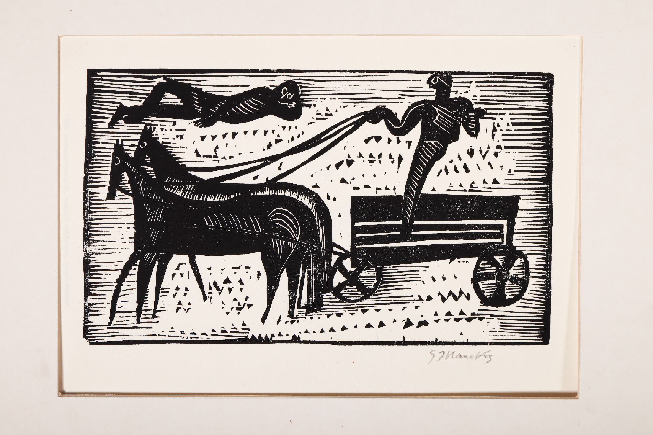 Gerhard Marcks, 1889-1981, Mythologisches Gespann, Holzschnitt, rechts unten handsign., ca. 10.5x18cm, PP