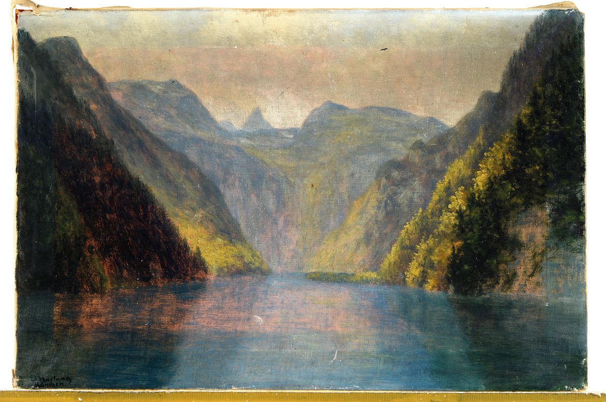 Detail k: Eduard Hartung, geb. 1866 Ostpreussen, Landschaft am Königsee, Öl/Lwd, li. u. signiert und bez.: München, ca. 45x65cm, leichte Oberflächenschäden