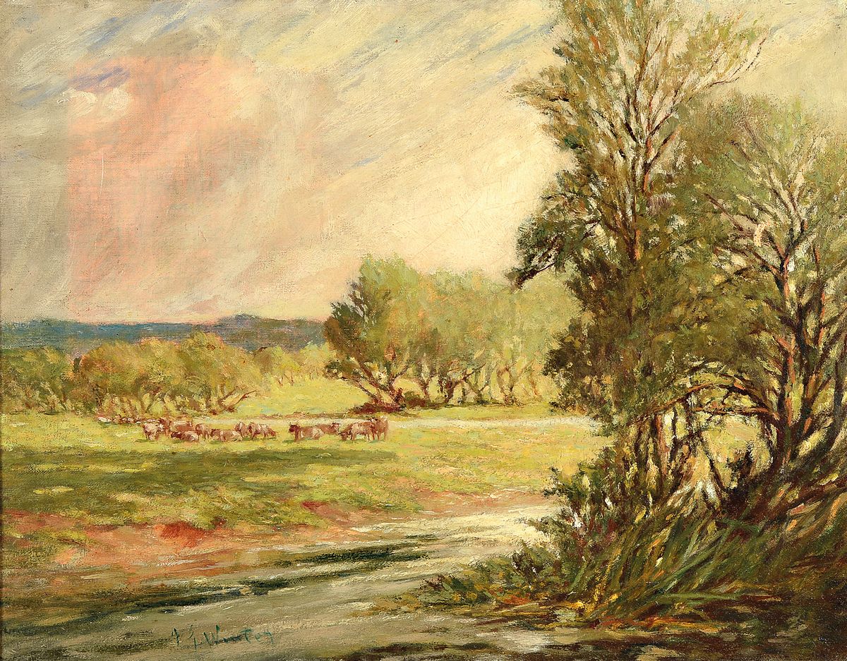 J.G. Winter, um 1900, Weidende Kühe auf einer Wiese neben einem Bach, Öl/Lwd, links unten signiert, ca. 35x45cm, R. ca. 50x60cm